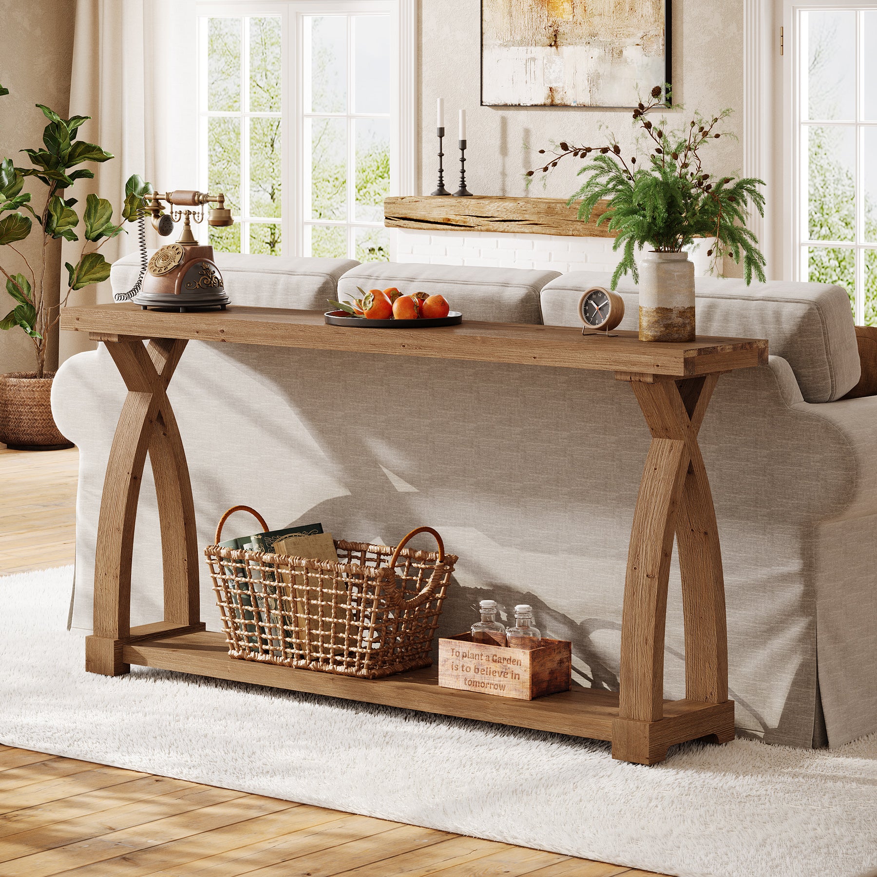 Consolle Stretta in Legno Massello a 2 Ripiani, 160 x 30 cm, per Soggiorno e Ingresso