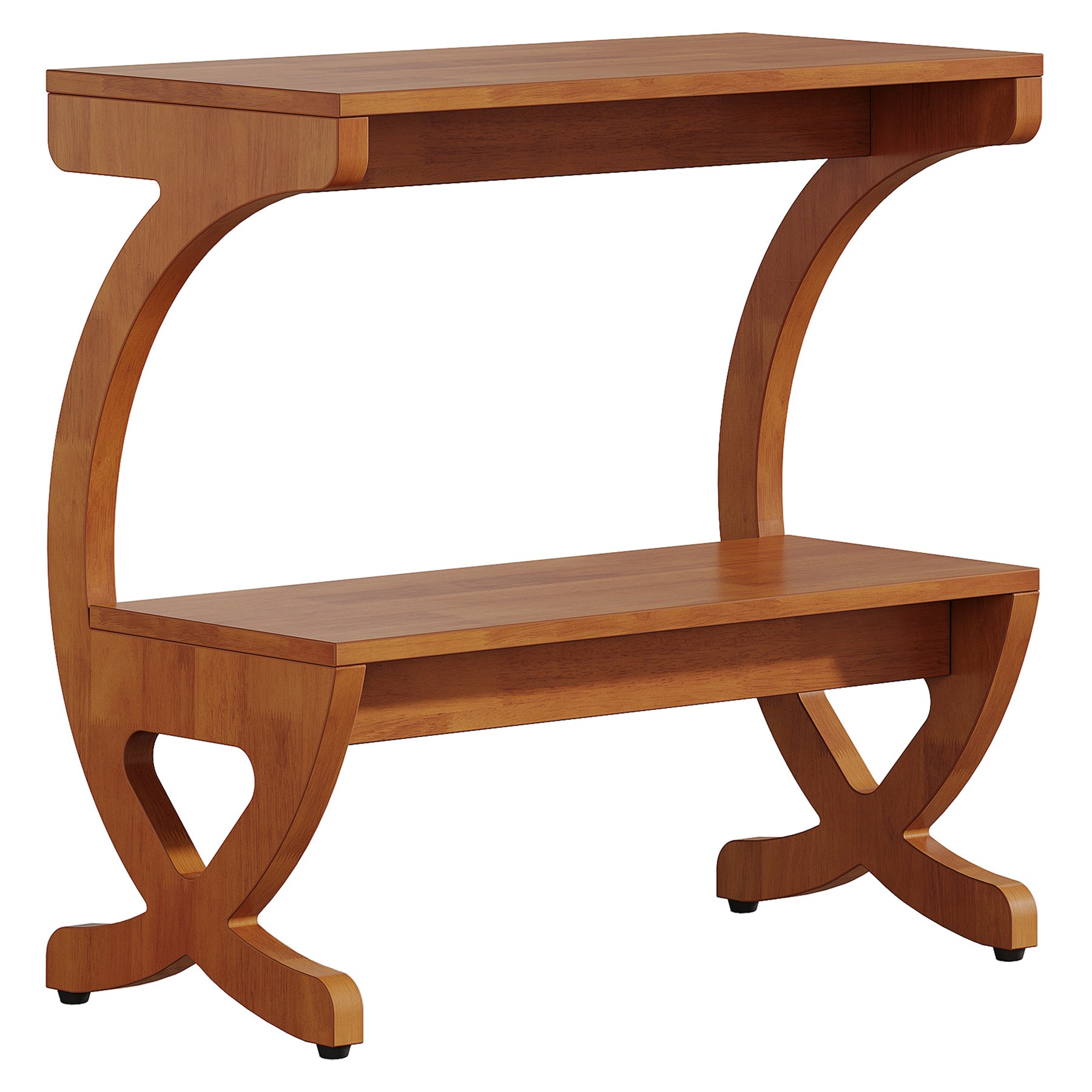 Tavolino Laterale Mid-Century in Legno Massello a 2 Ripiani, per Soggiorno e Camera da Letto