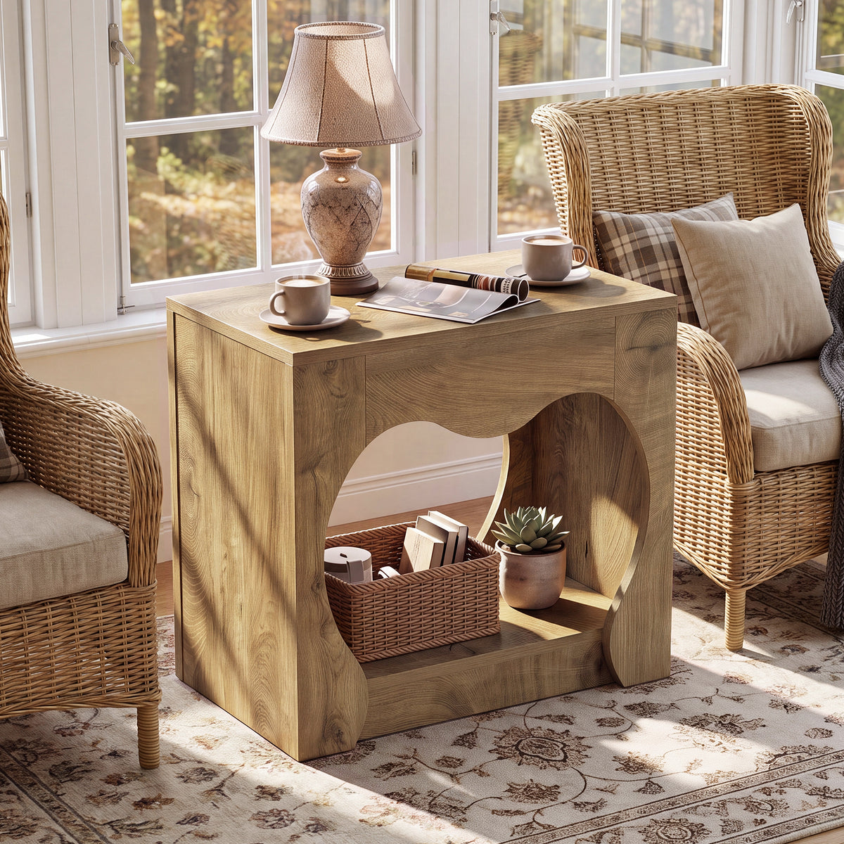 Tavolino Laterale Country a 2 Ripiani con Design Traforato Curvato, 70 cm