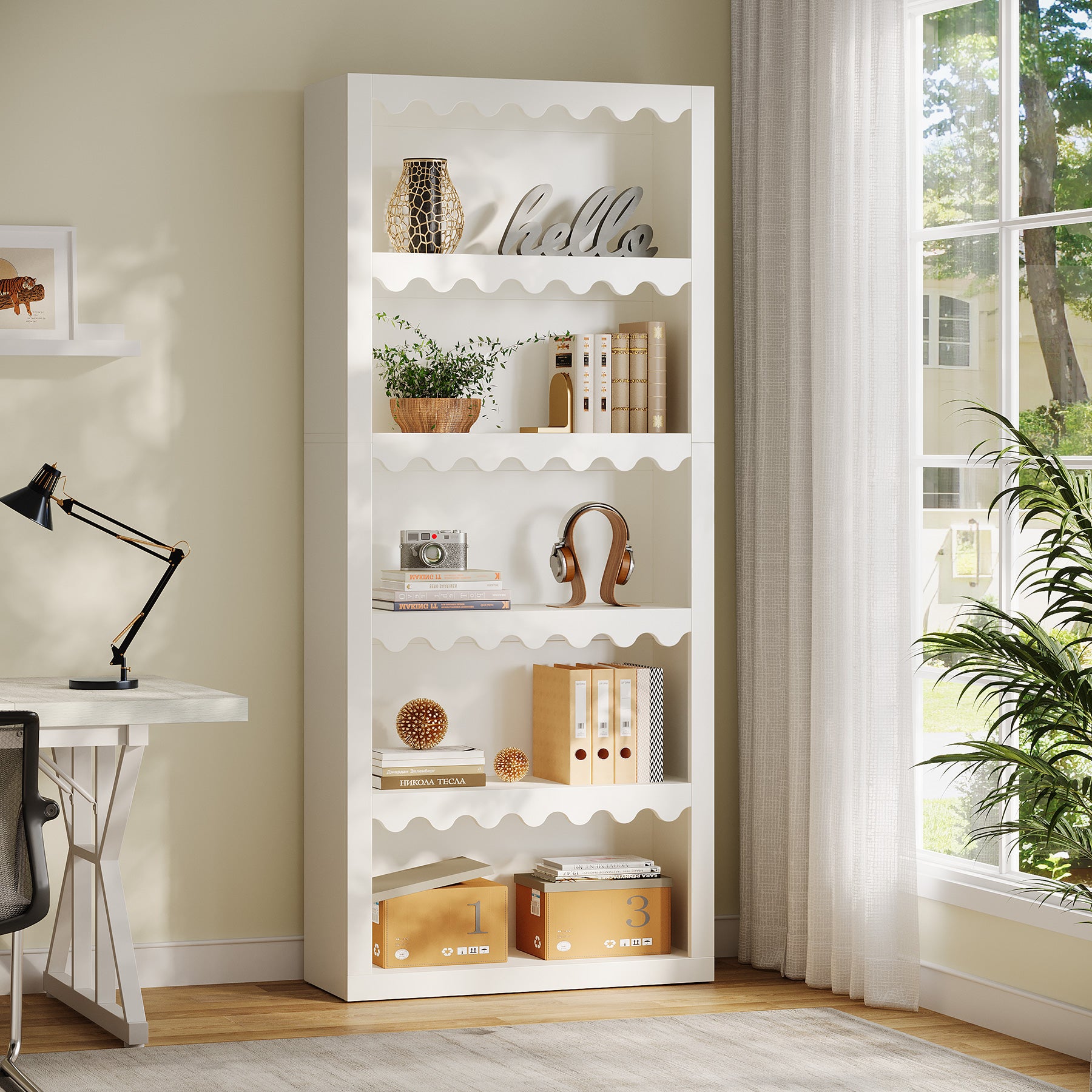 Tribesigns Libreria alta 180 cm, scaffale moderno con bordi a conchiglia per soggiorno
