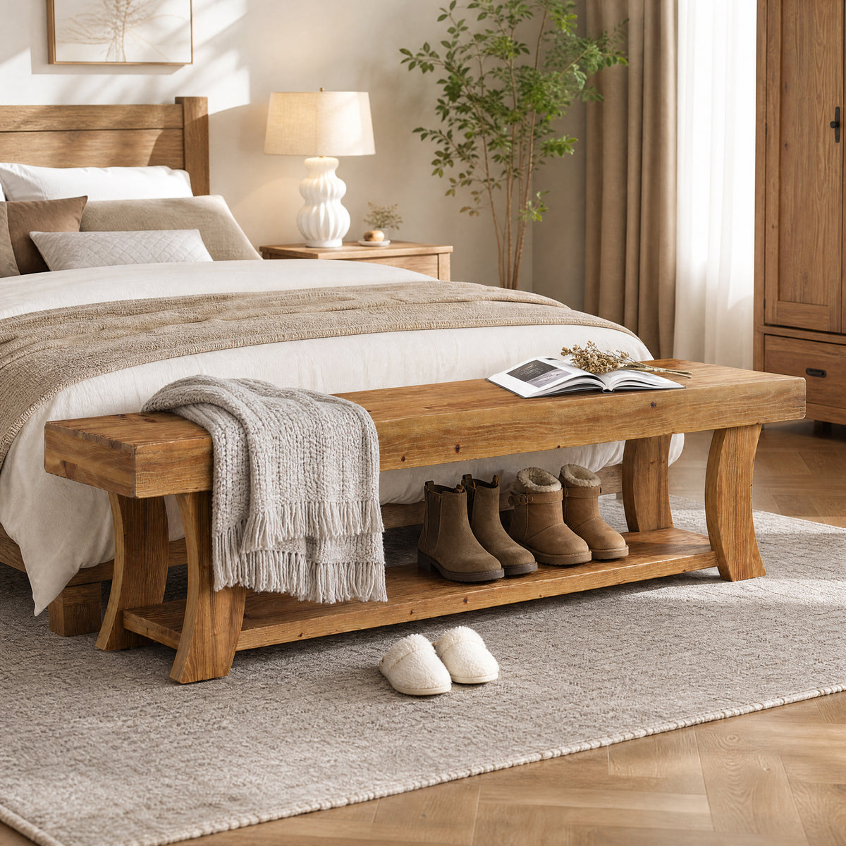 Panca Country in Abete Massello con Gambe Curve, 160 cm, per Ingresso
