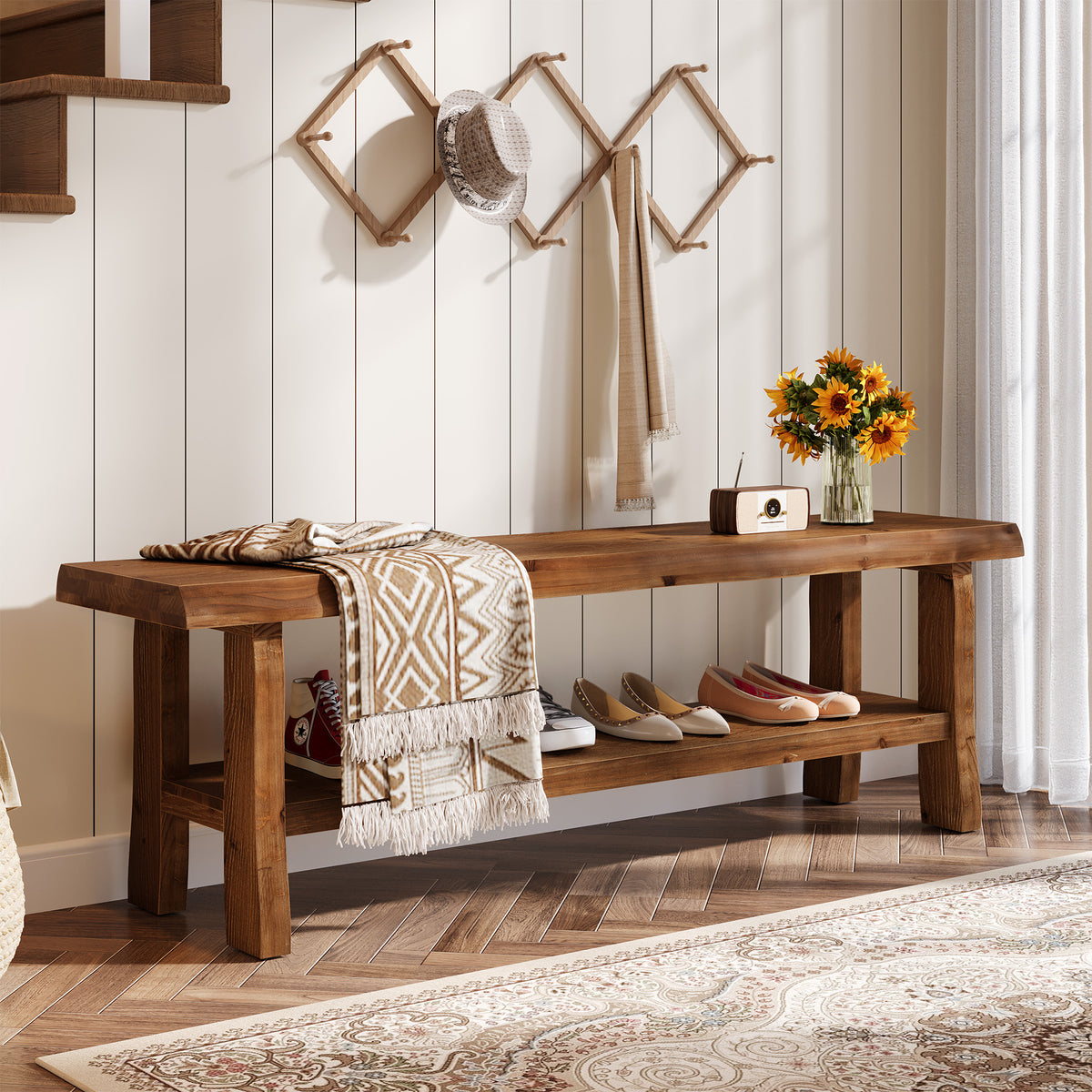 Panca Portascarpe in Legno Massello con Ripiano Inferiore, 140 cm, per Ingresso e Corridoio
