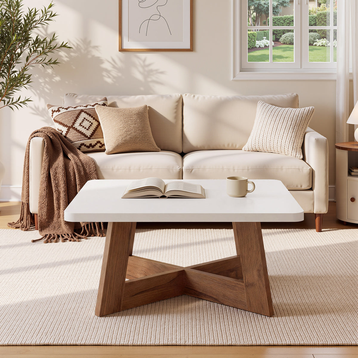 Tavolino da Salotto Quadrato Moderno Bianco con Base a Croce, 80 x 80 cm, per Soggiorno