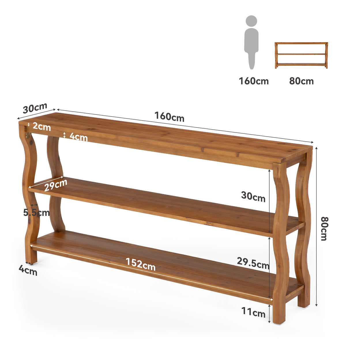 Consolle in Legno Massello a 3 Ripiani con Ripiani Aperti, 160 cm, per Ingresso e Soggiorno