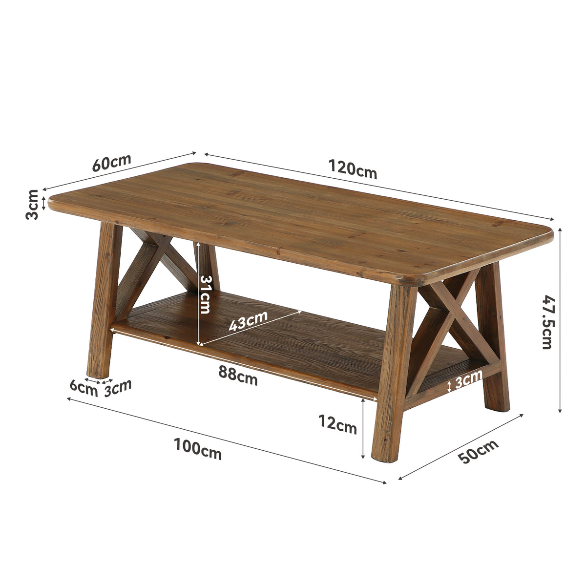 Tavolino da Salotto Rettangolare Country in Legno Massello con Ripiano, 120 cm, per Soggiorno