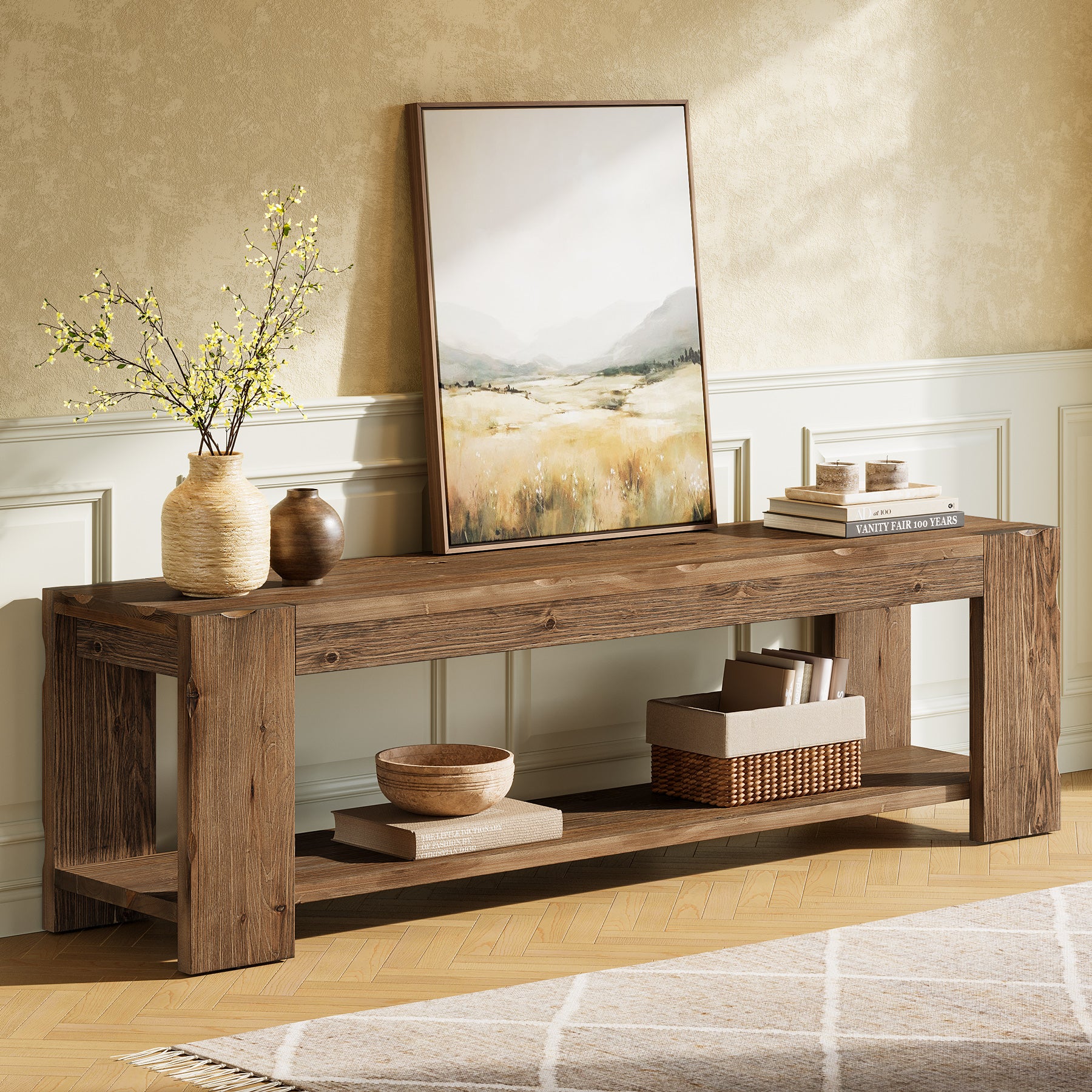 Tribesigns Mobile TV in legno massello da 140 cm, consolle a 2 livelli per TV fino a 60 pollici