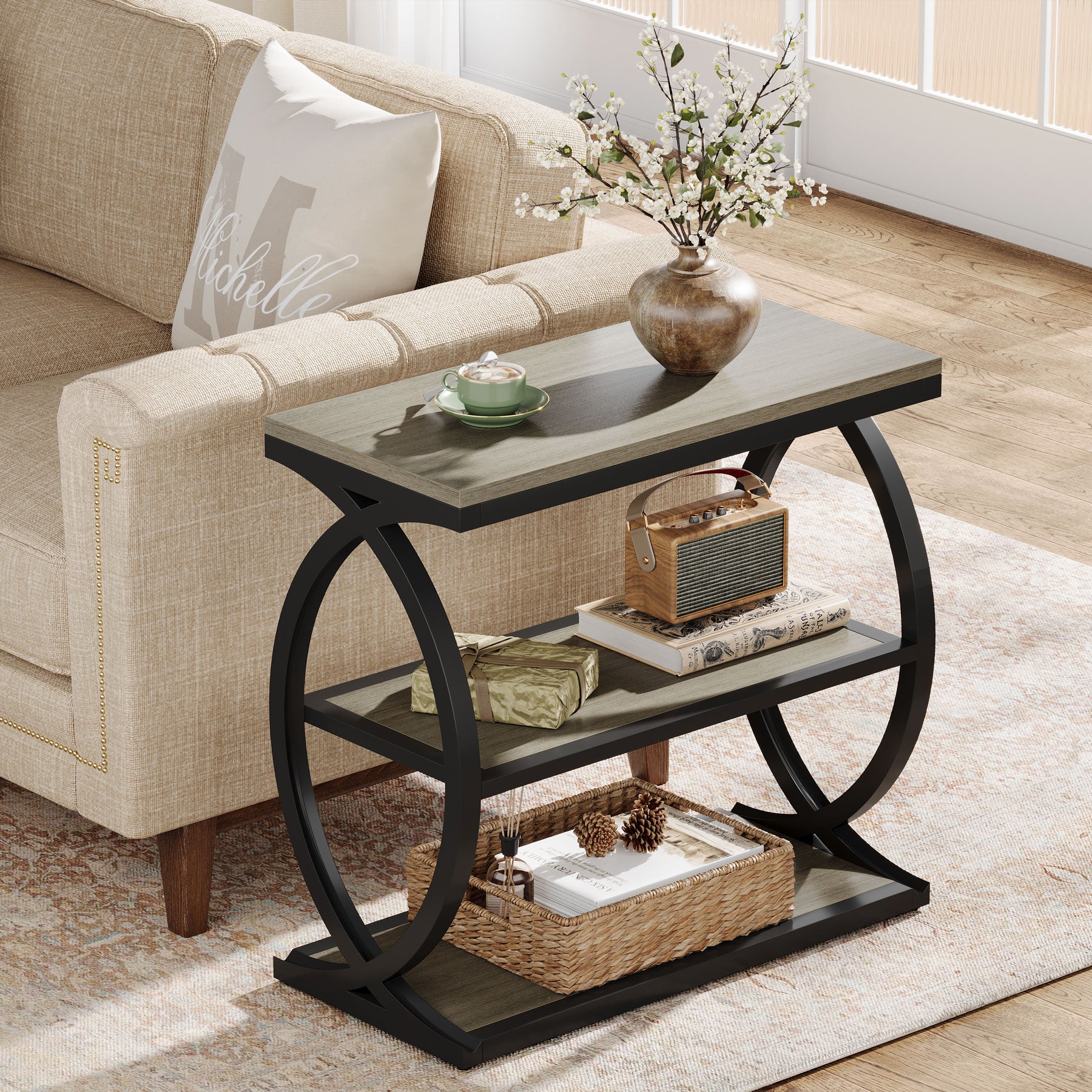 Tribesigns Tavolino basso, tavolino laterale da divano con ripiani portaoggetti a 3 livelli