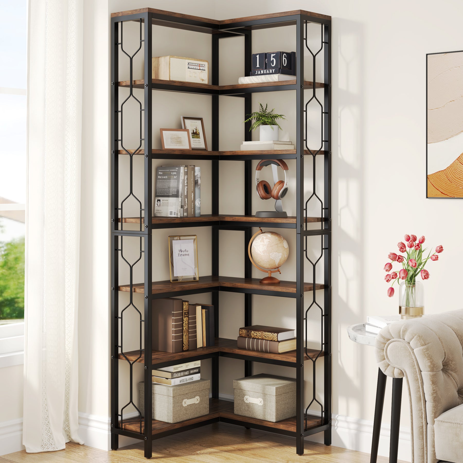 Tribesigns Scaffale Angolare, Libreria Angolare Industriale a 7 livelli Mobile Angolare in Legno e Metallo