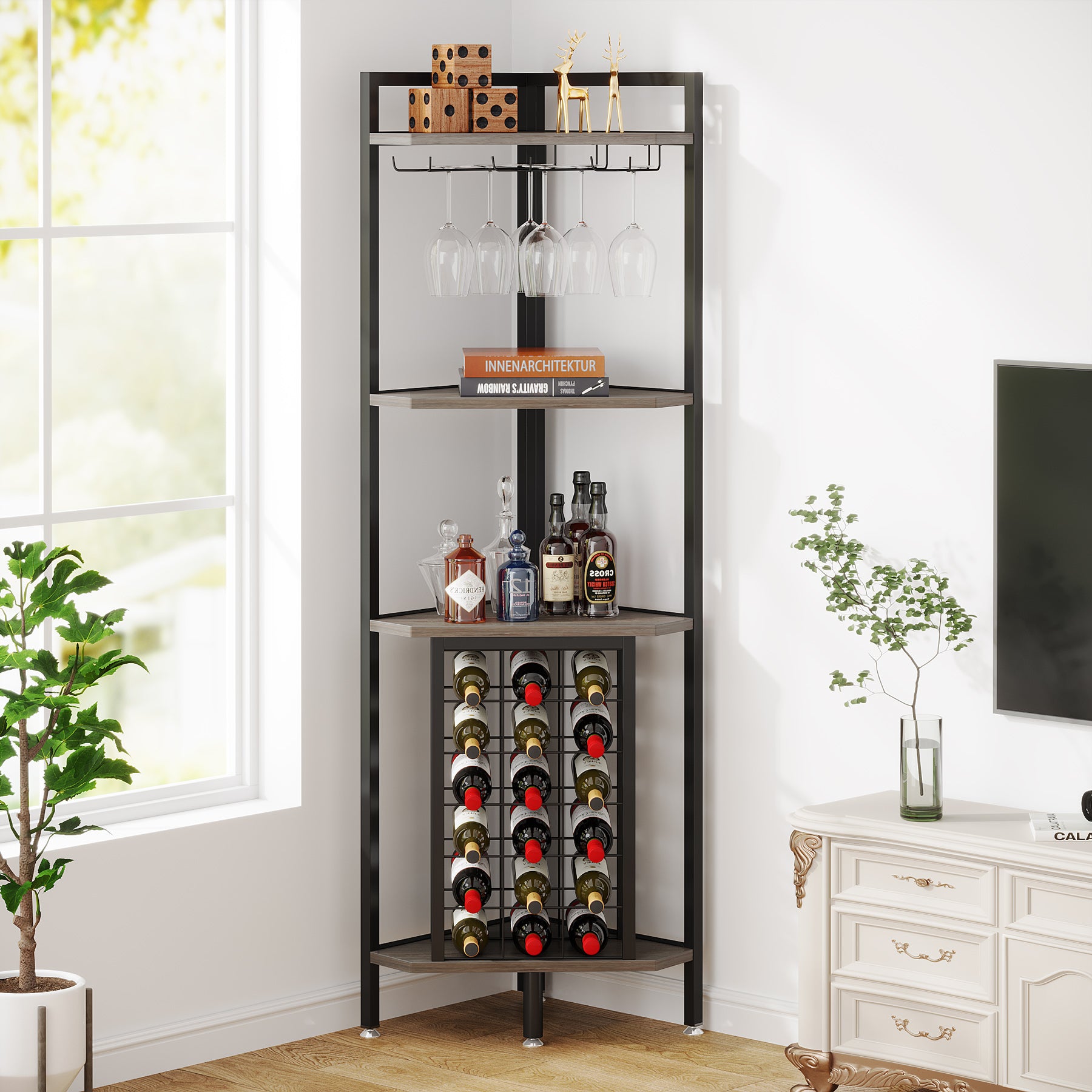 Tribesigns Corner Wine Rack, mobiletto angolare per vino a 4 ripiani con portabicchieri e ripiani