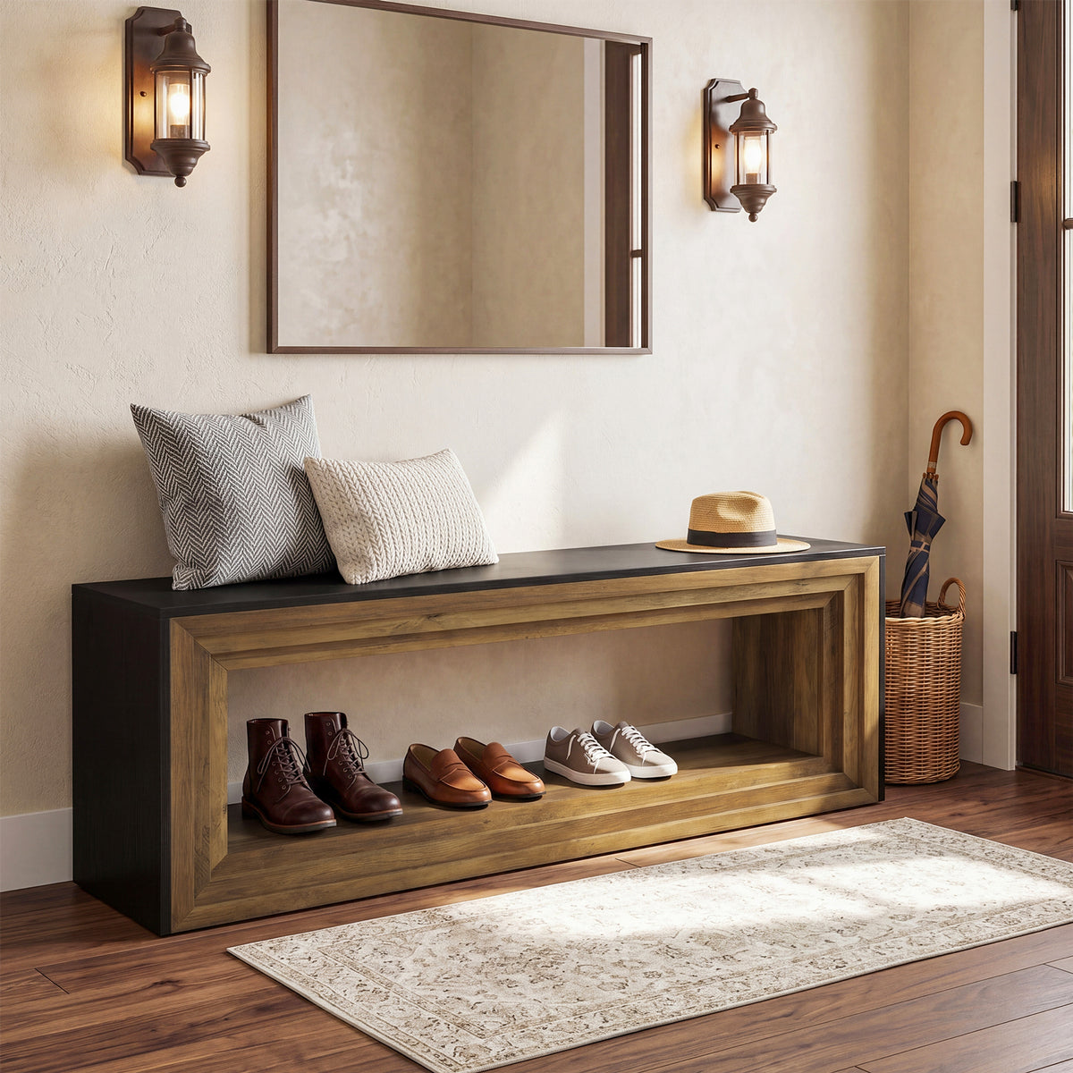 Panca Country con Vano Contenitore, 160 cm, per Ingresso, Utilizzabile come Mobile TV