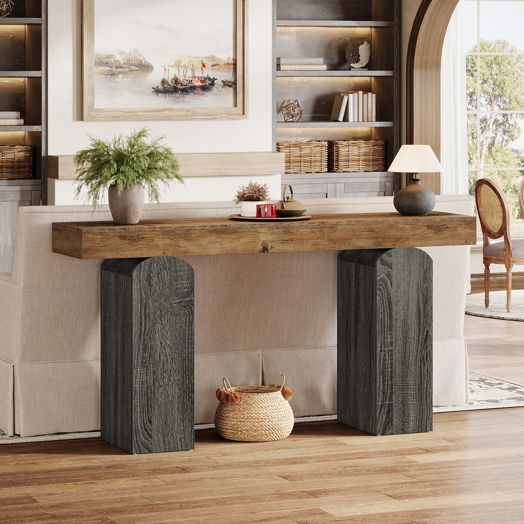 Tribesigns Tavolo consolle da 160 cm, tavolo da divano con due gambe a colonna curve.