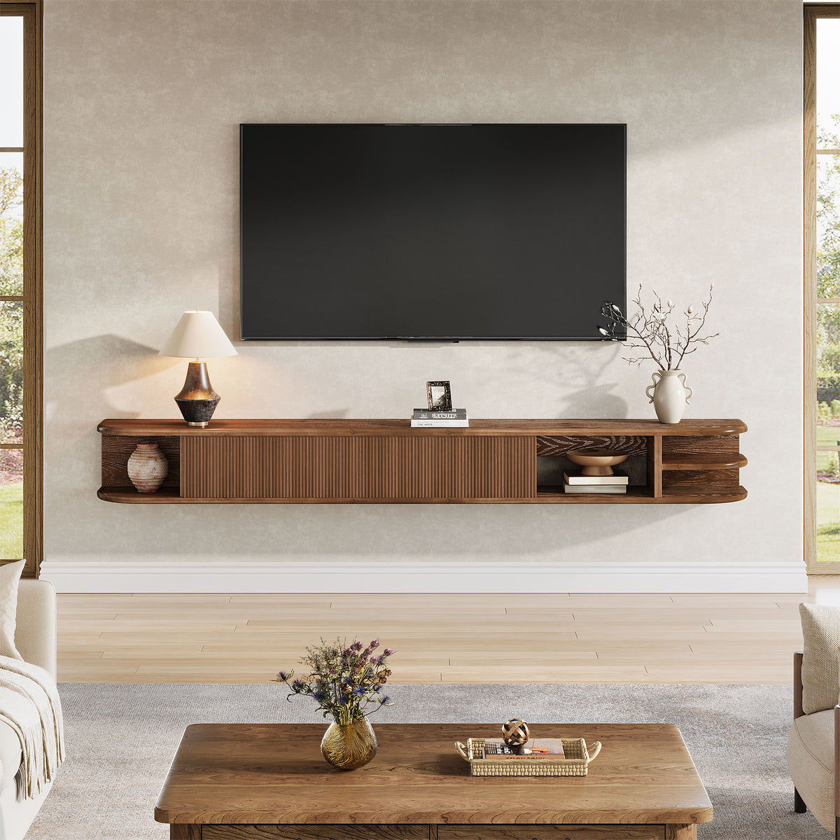 Mobile TV Sospeso in Legno Massello con Ante Scanalate, 180 cm, per TV fino a 90"