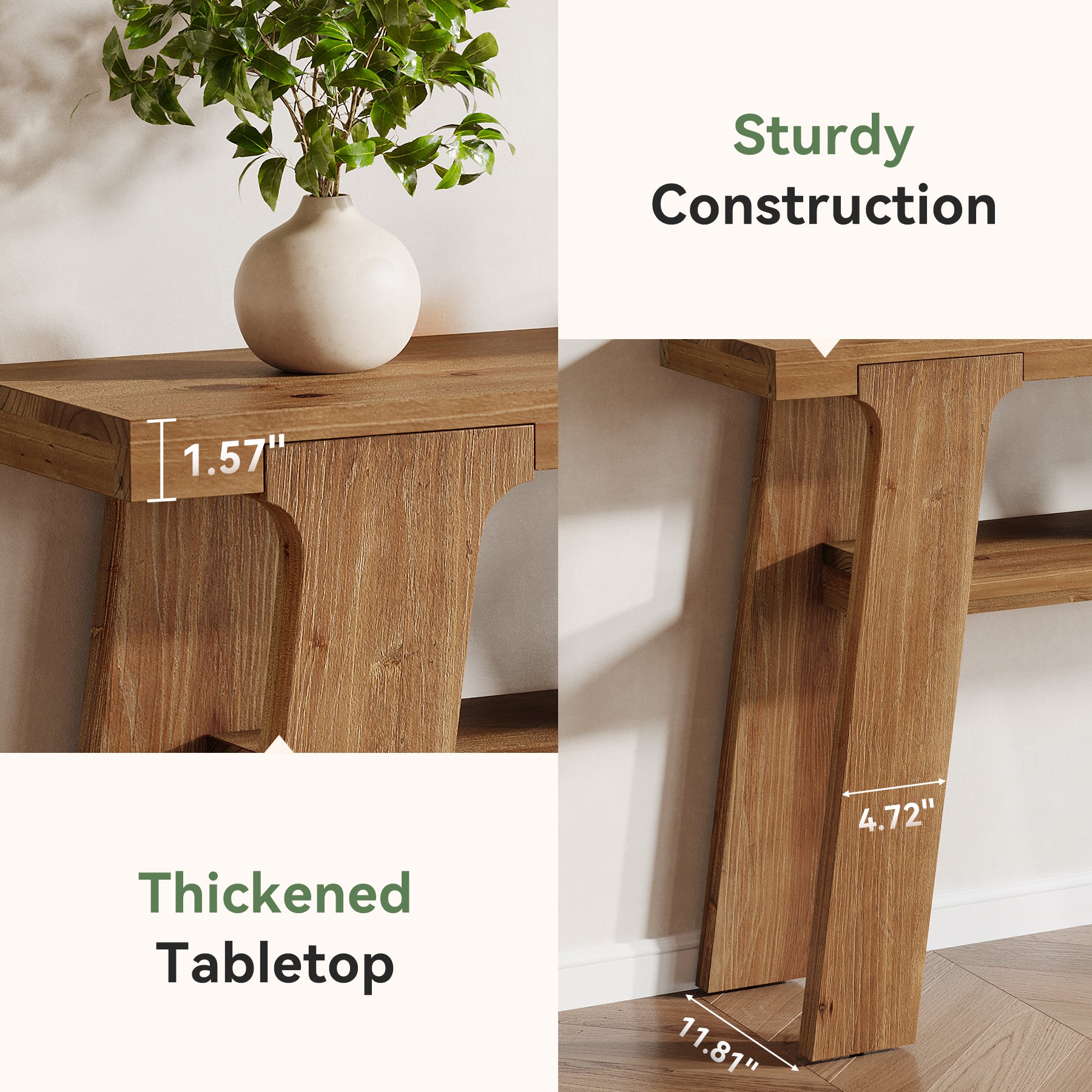 Tribesigns Consolle stretta da 120 cm, tavolino da divano in legno massello con 2 ripiani