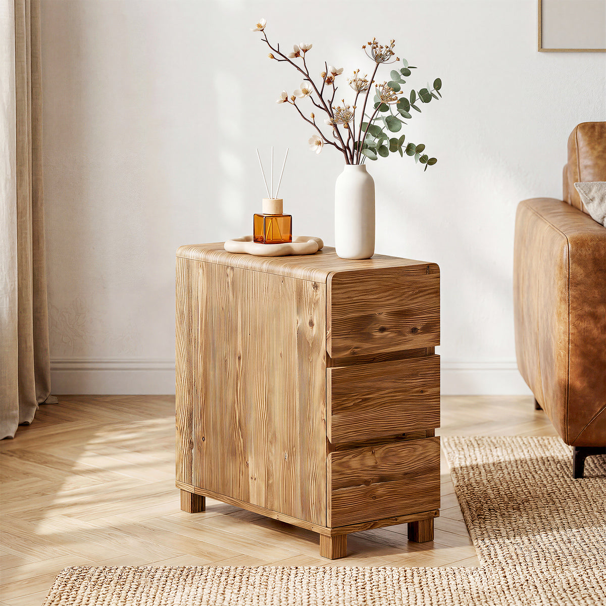 avolino Laterale Stretto in Legno Massello con 3 Cassetti, 60 cm, per Soggiorno