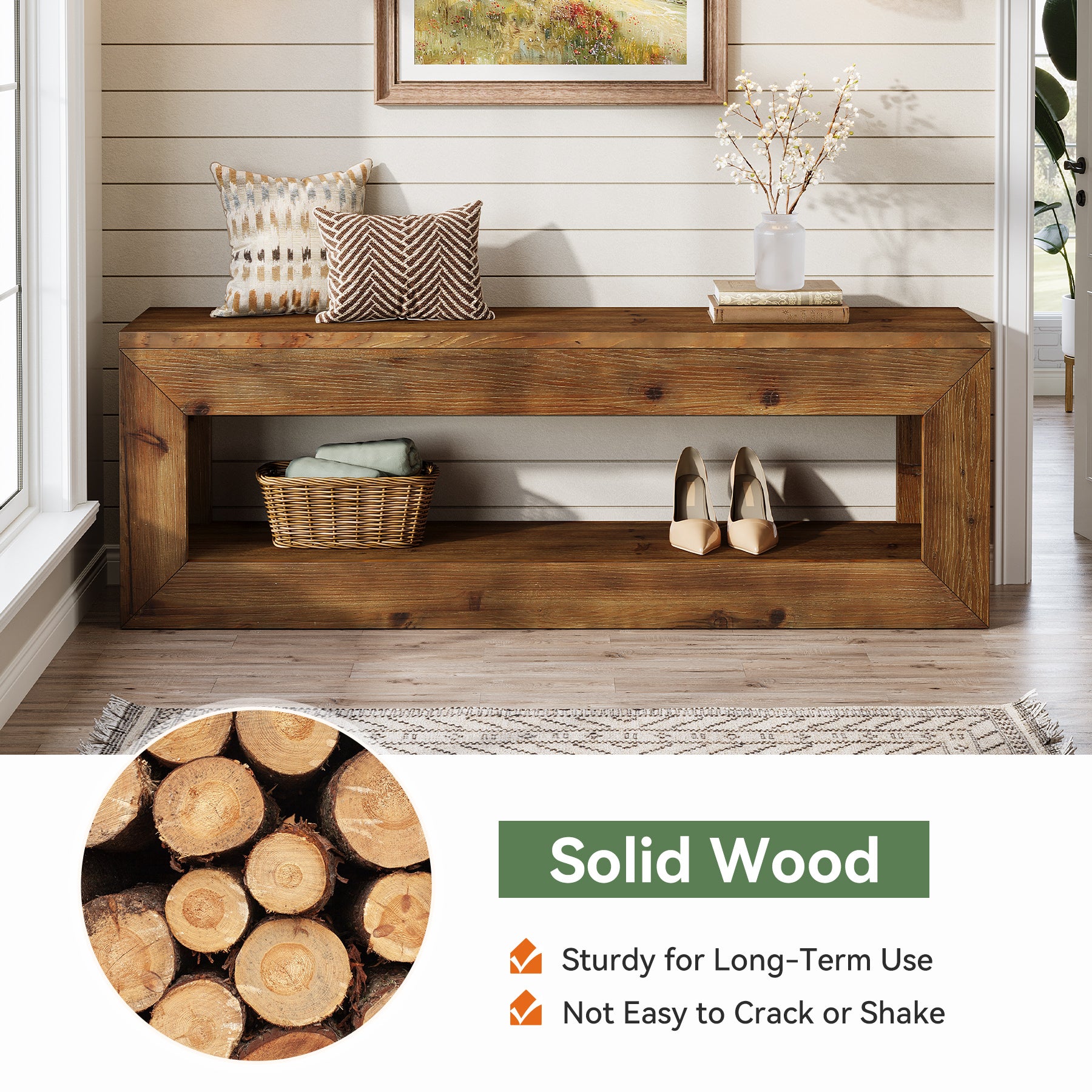 Tribesigns Panca d'ingresso in legno massello da 120 cm con ripiano contenitore, stile rustico