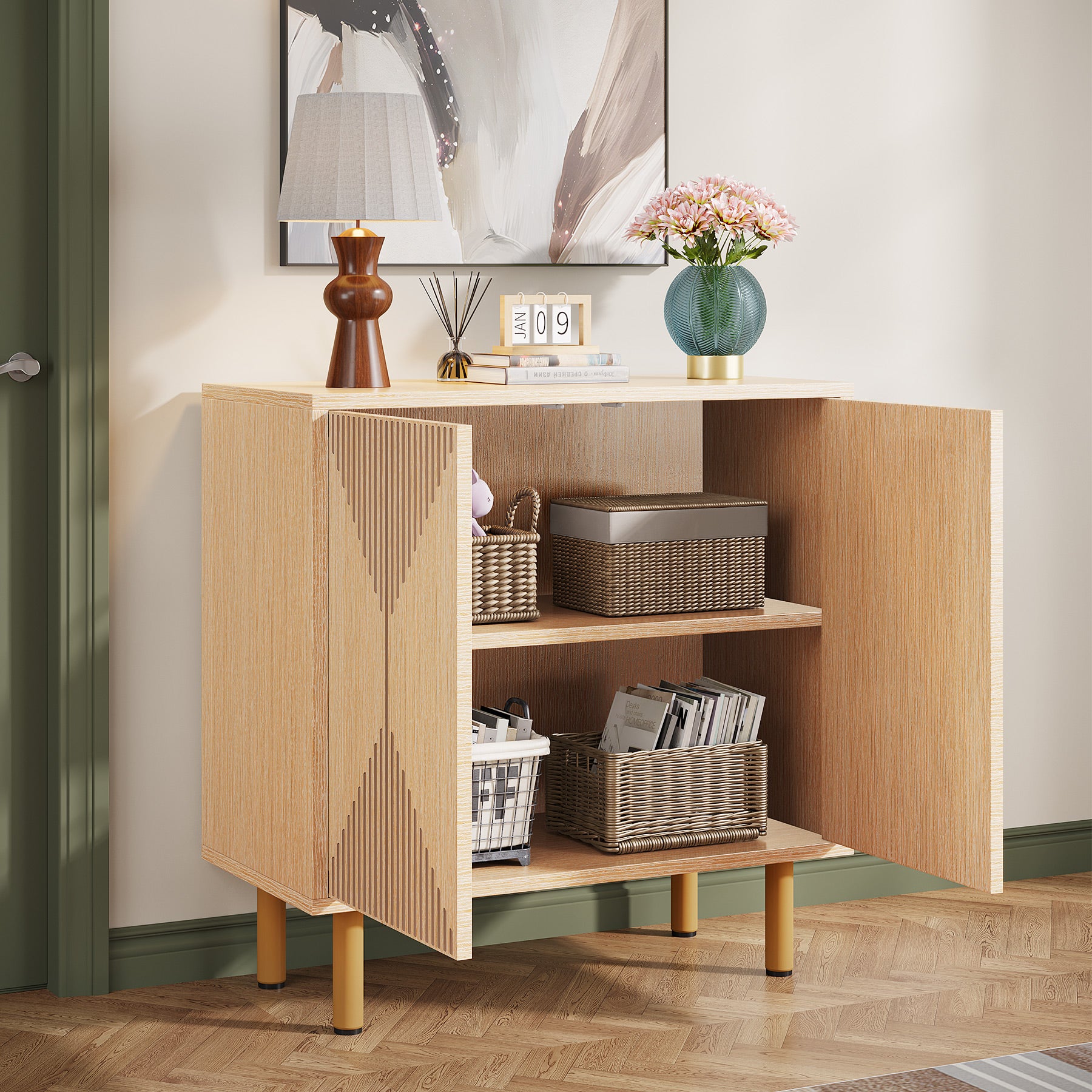 Tribesigns Credenza in legno, mobiletto portaoggetti da cucina con ante e piano in legno