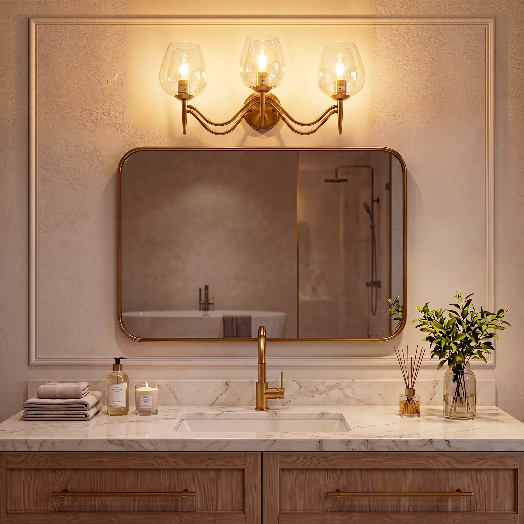 Applique da Bagno a 3 Luci E14 in Ottone con Vetro Trasparente, 58 cm, per Specchio