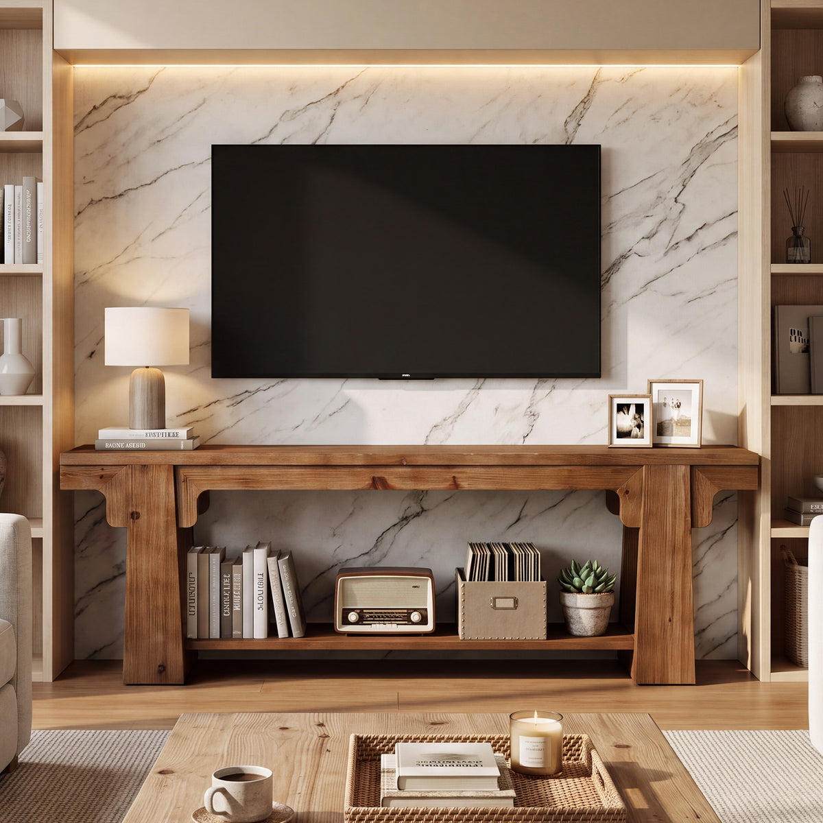 Mobile TV Country in Legno Massello con Gambe Curve ad A, 160 cm, per Soggiorno
