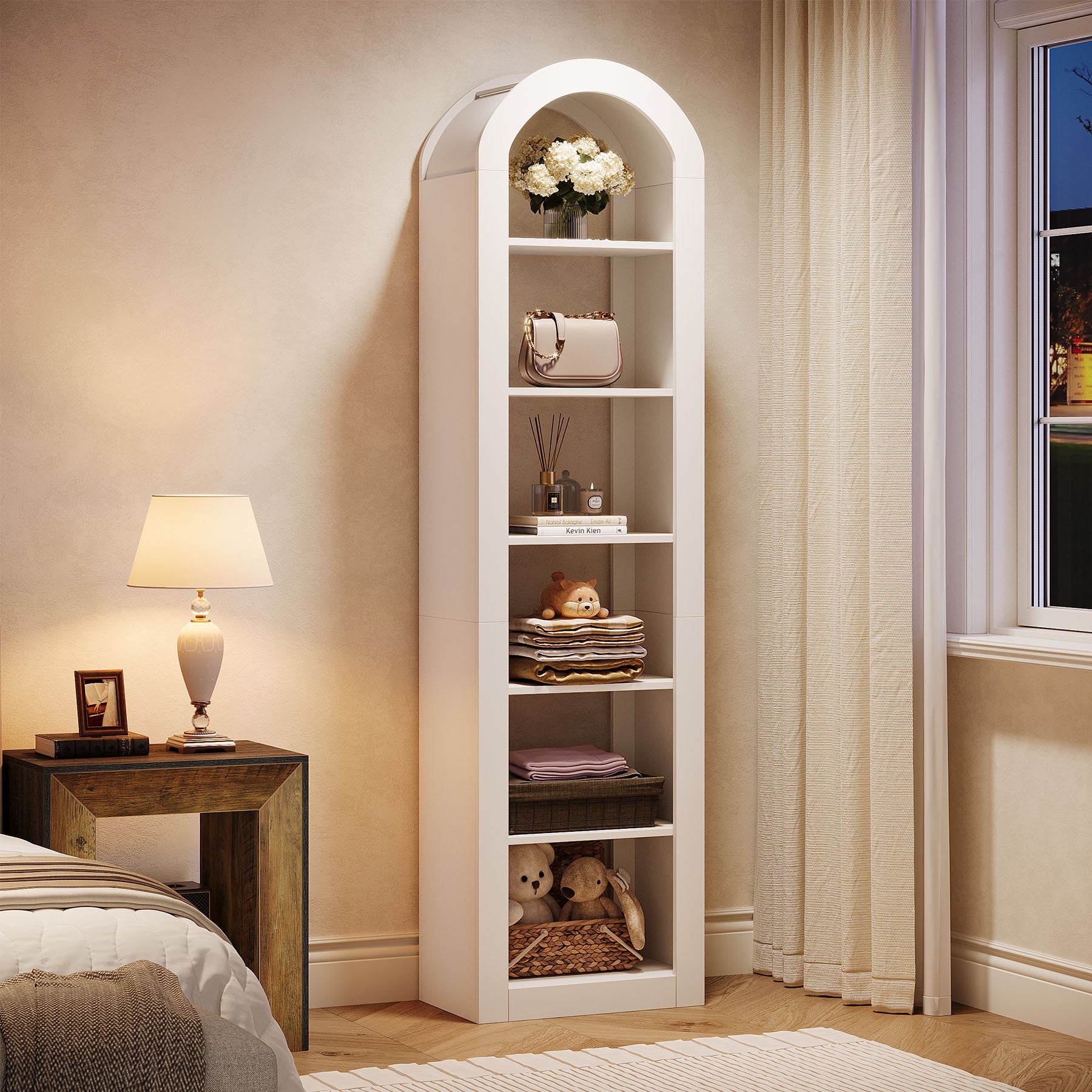 Tribesigns Libreria ad arco alta 190 cm, espositore autoportante con ripiano stretto a 6 livelli