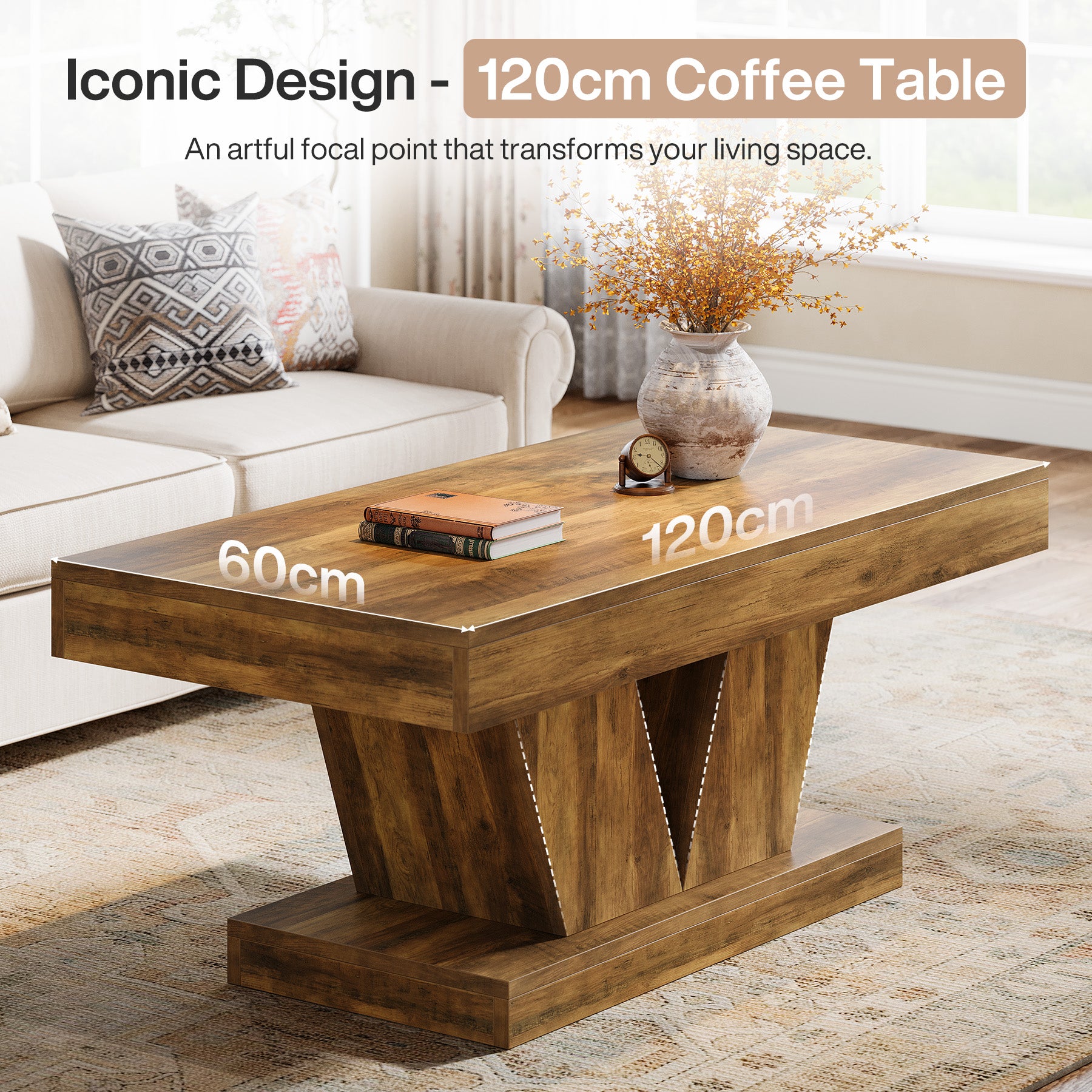 Tribesigns Tavolino rettangolare da 120 cm, tavolino centrale in stile Mid-Century con base scultorea