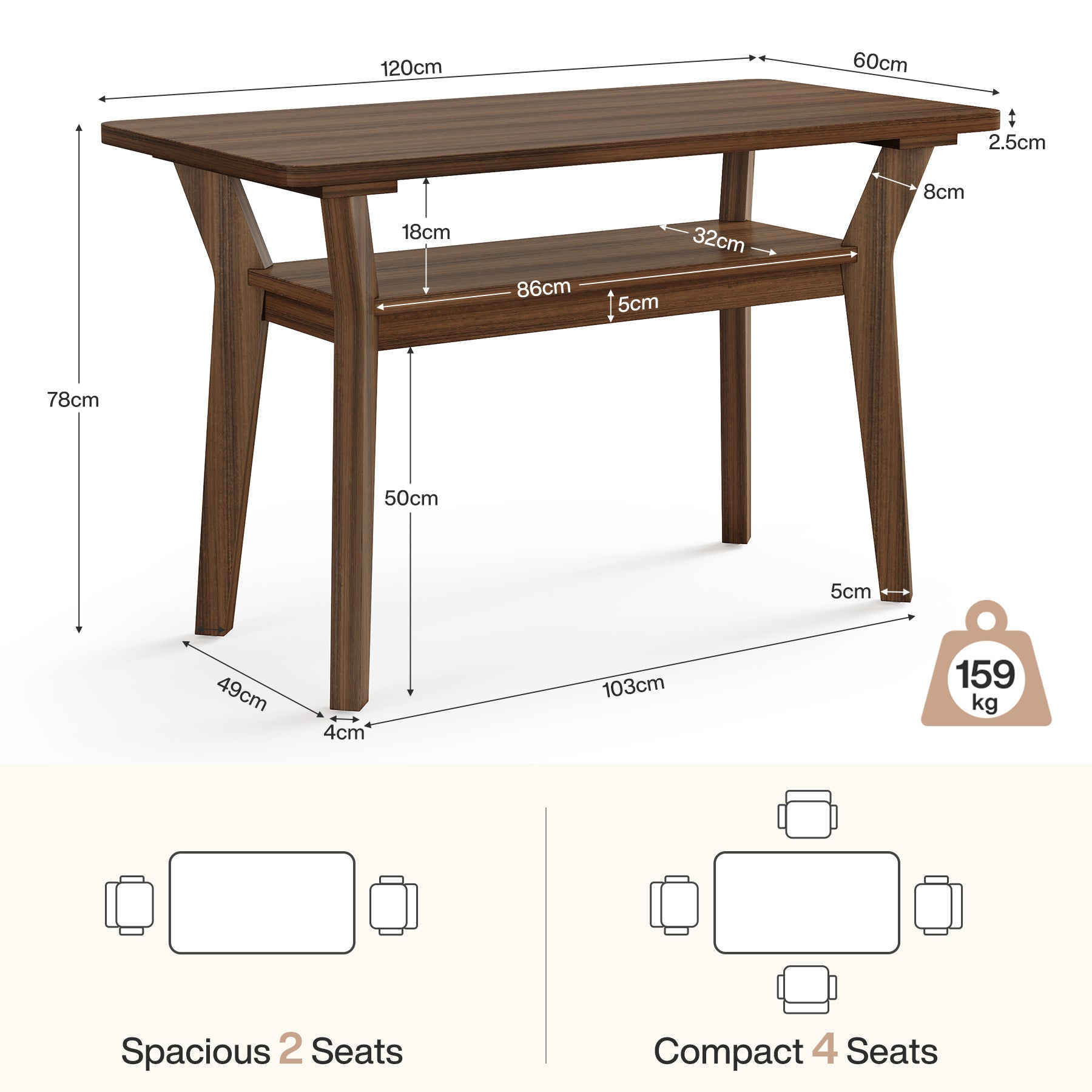 Tribesigns Tavolo da Pranzo, 120 cm Tavolo da Cucina per 4 Persone con 2 Ripiani