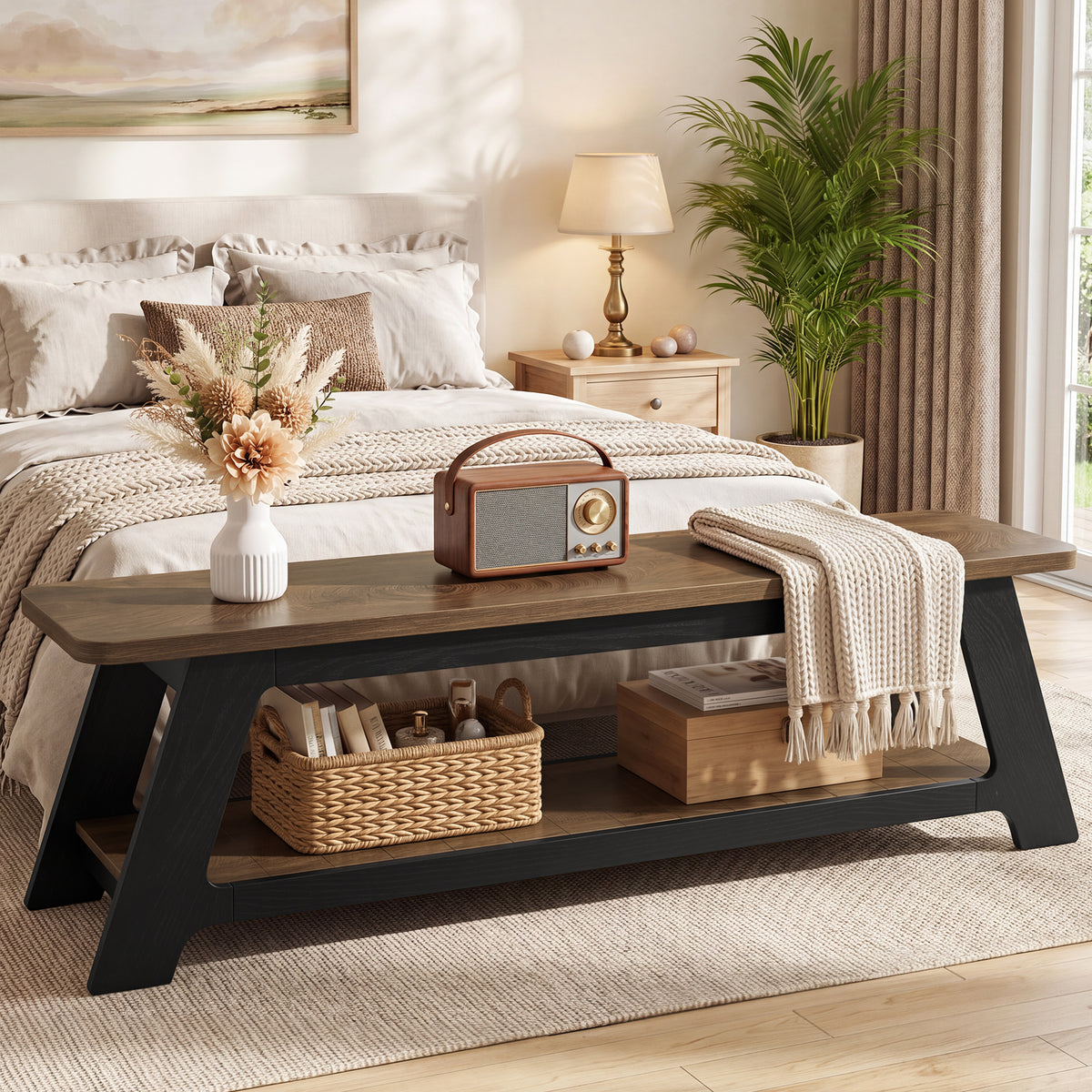 Panca Country in Legno con Ripiano Portascarpe, 160 cm, per Ingresso