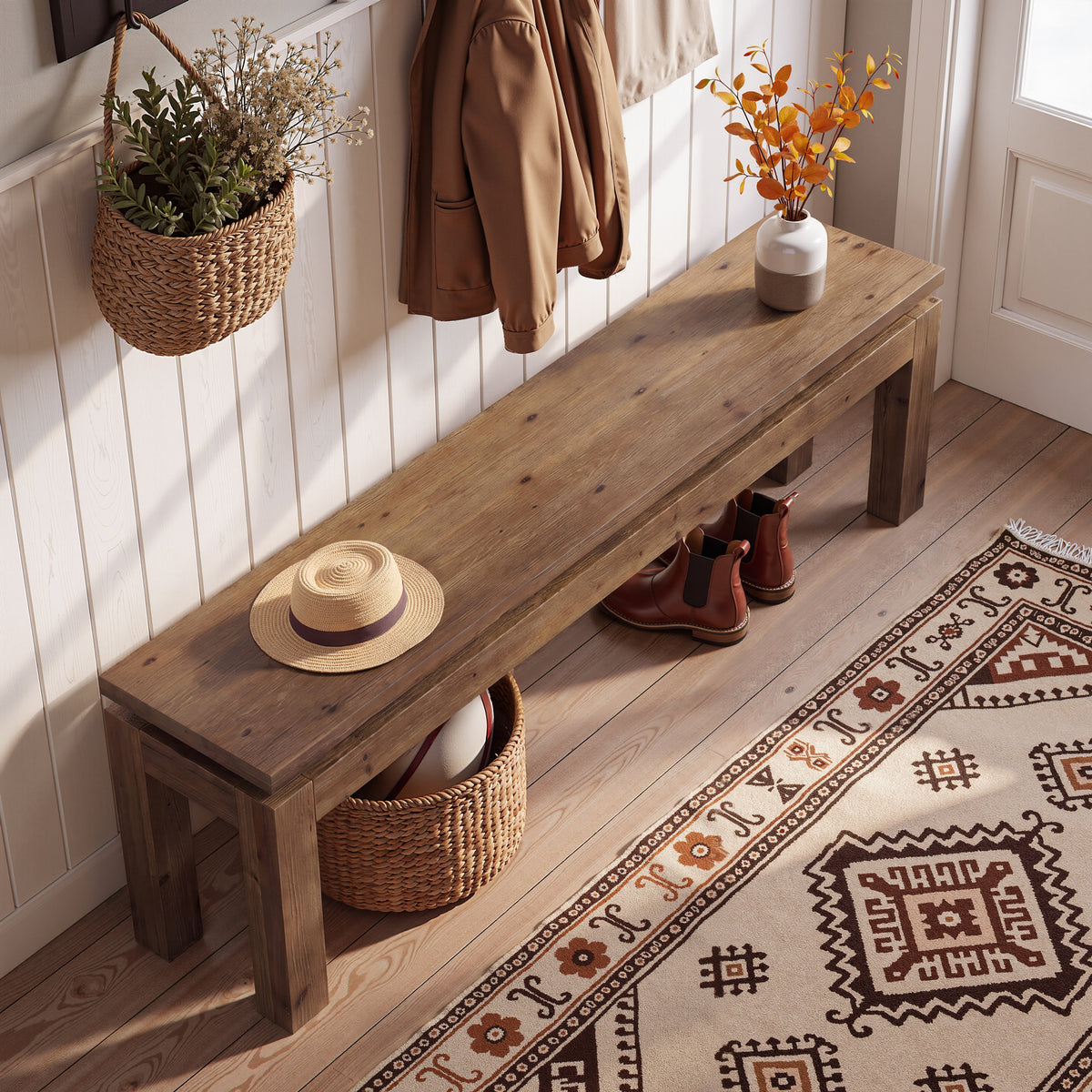 Panca Country in Legno Massello con Gambe a Blocco, 150 cm, per Sala da Pranzo