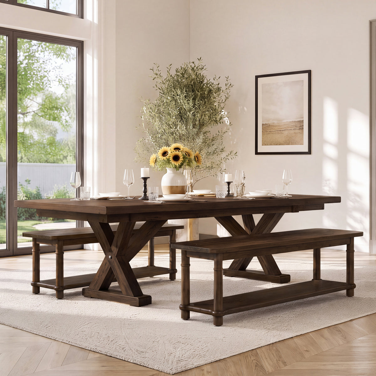 Panca Country in Legno Massello a 2 Ripiani, 140 cm, per Cucina e Sala da Pranzo