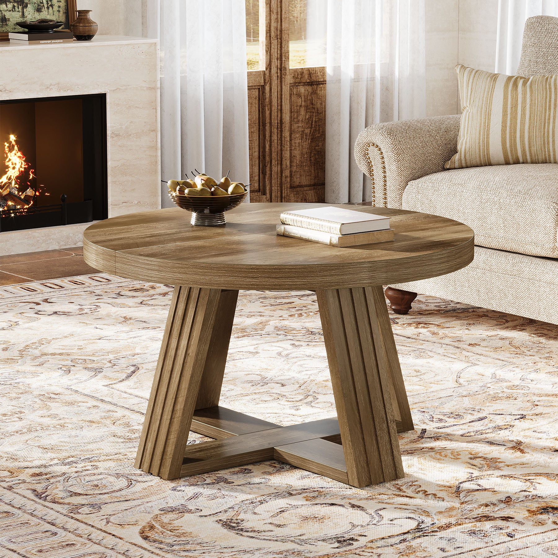 Tribesigns Tavolino rotondo da 80 cm, tavolo da soggiorno in stile country con struttura a croce