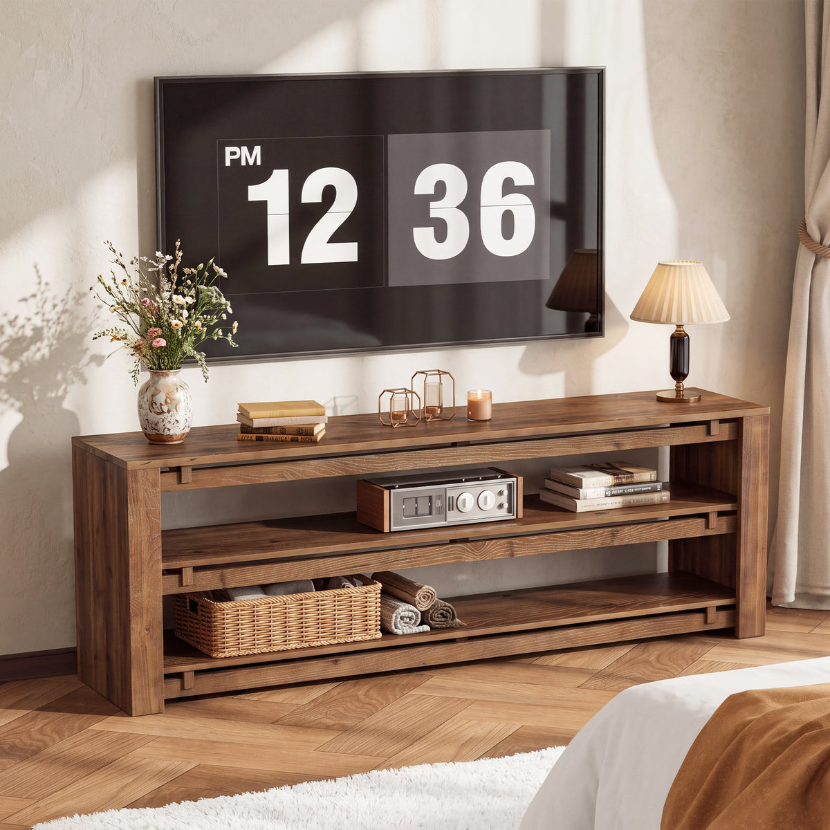 Mobile TV Rustico in Legno Massello a 3 Ripiani Aperti, 160 cm, per TV fino a 75"