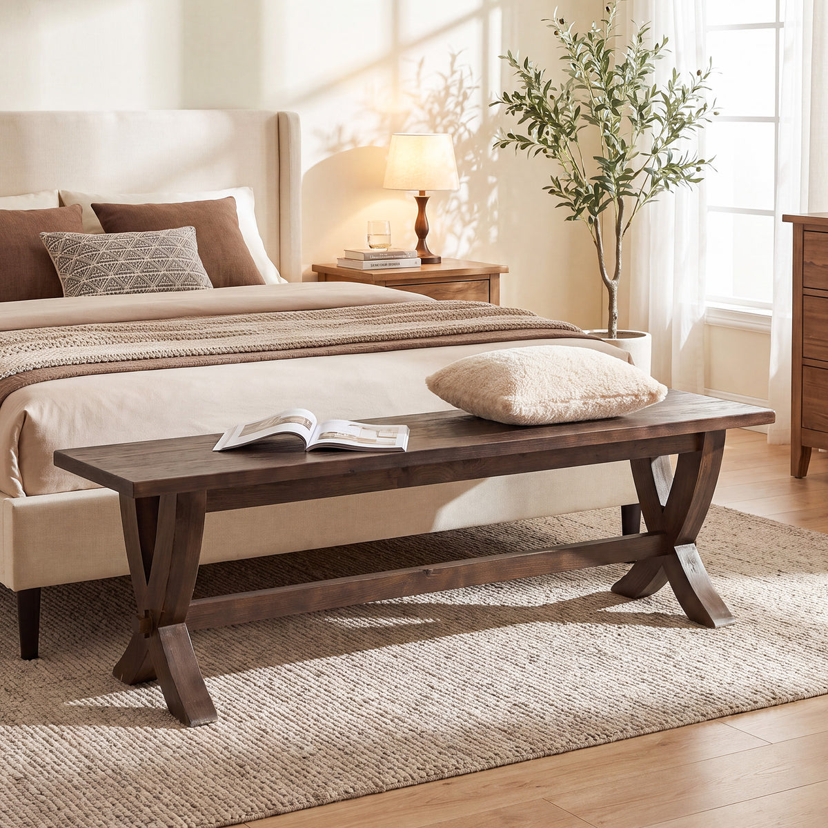 Panca Country in Legno Massello con Gambe a X, 150 cm, per Ingresso e Corridoio