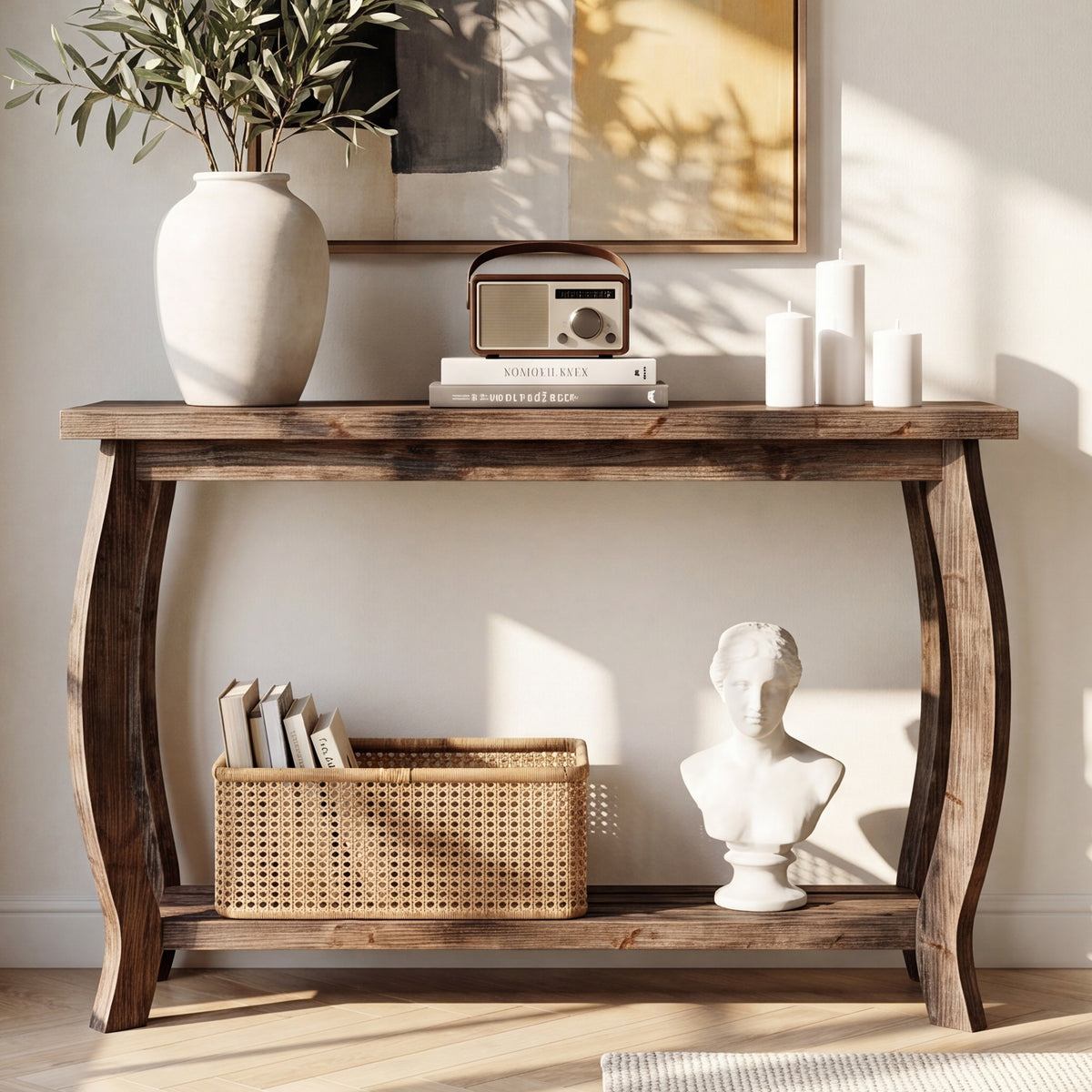 Consolle Country in Legno Massello con Gambe Curve e Ripiano, 105 cm, per Ingresso