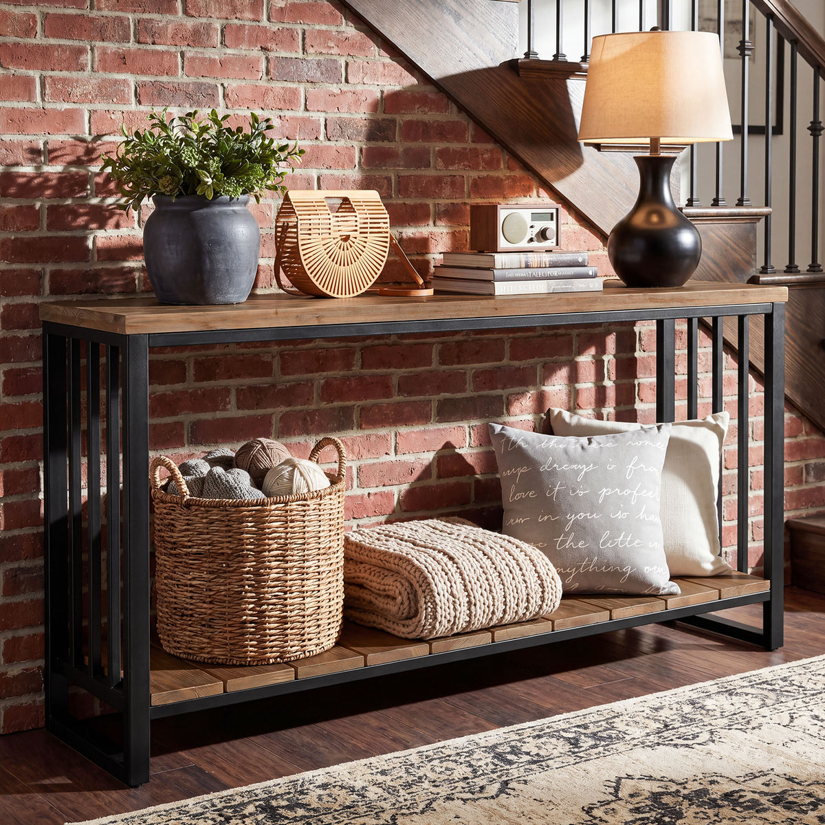 Consolle Stretta Country in Legno Massello con Ripiano, 140 cm, per Ingresso
