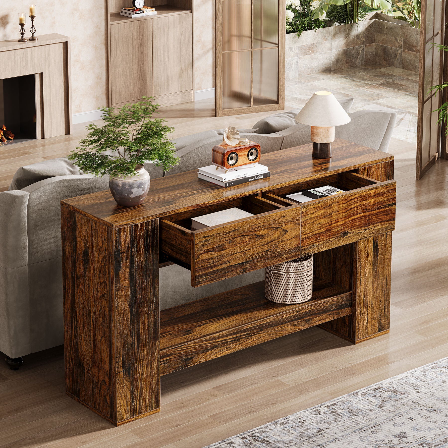 Tribesigns Tavolo consolle da 140 cm, tavolo da ingresso in legno a 2 livelli con cassetti