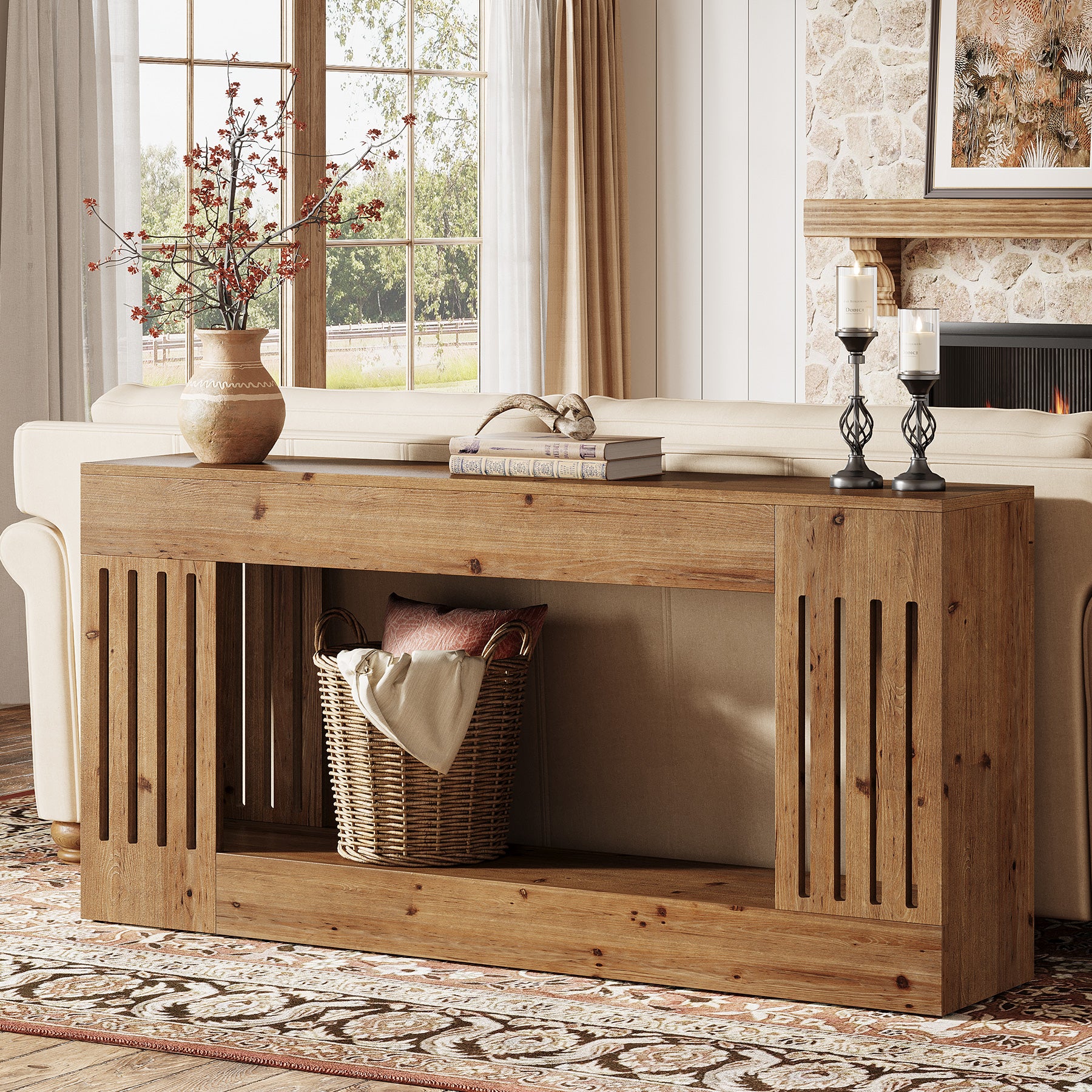 Tribesigns Tavolino da divano da 160 cm, consolle in legno massello con gambe a strisce