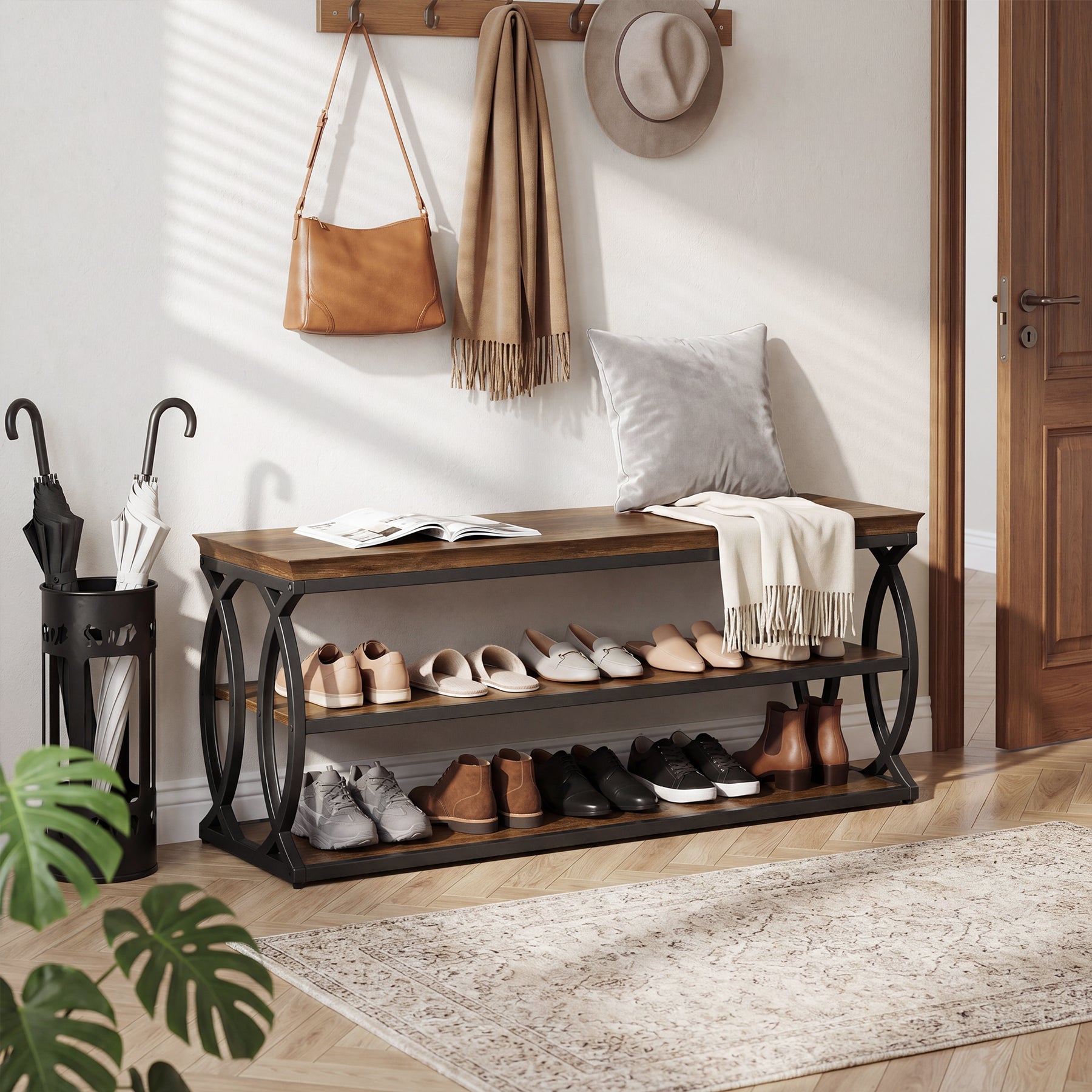 Tribesigns Panca porta scarpe da 120 cm con contenitore, scarpiera a 3 ripiani con seduta (stile industriale e rustico)