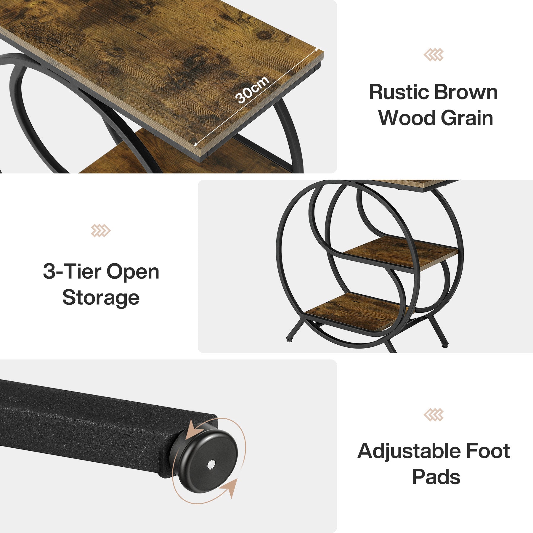 Tribesigns Tavolino laterale industriale da 60 cm, tavolino rettangolare a 3 ripiani dal design unico