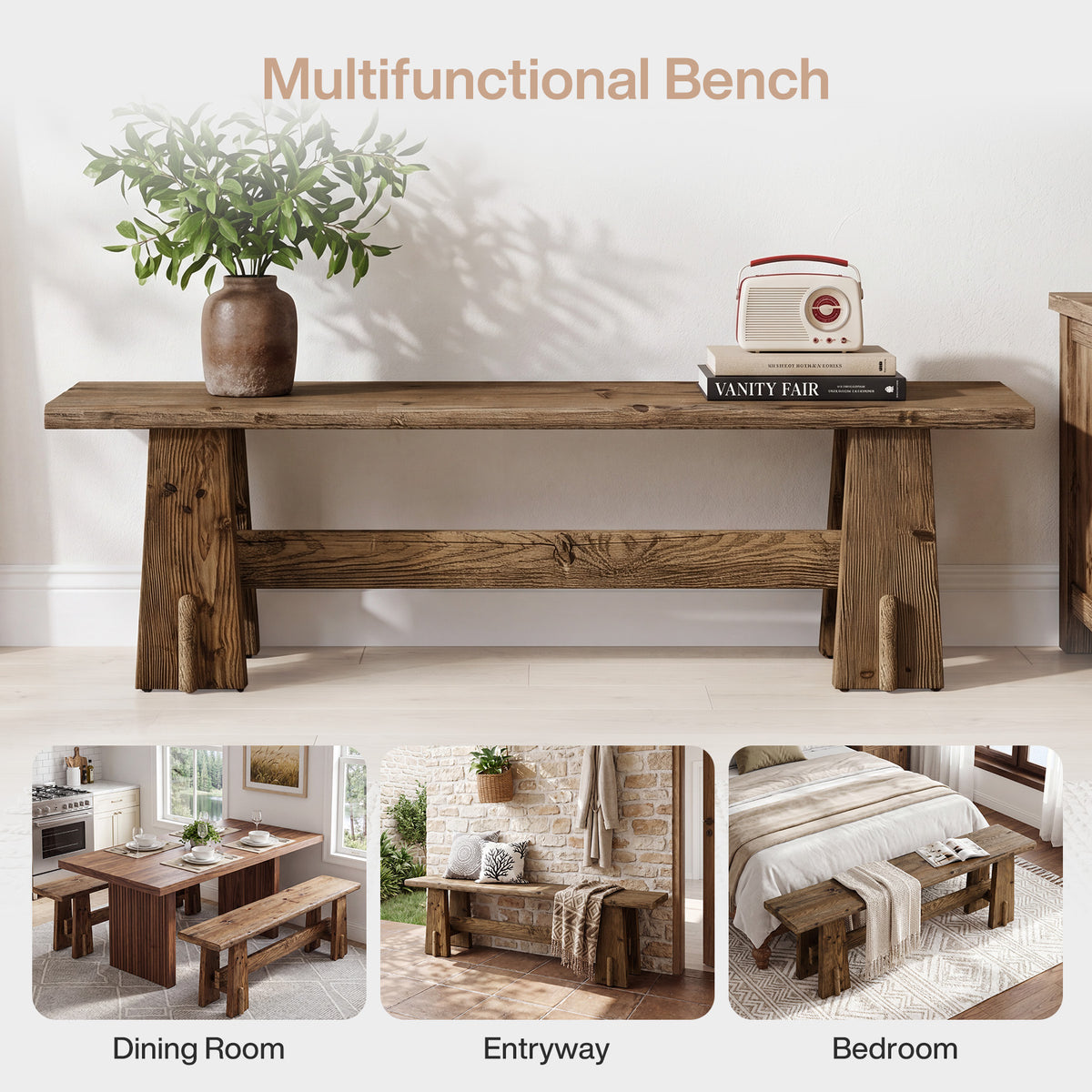 Panca Rustica in Legno Massello, 150 cm, per Ingresso