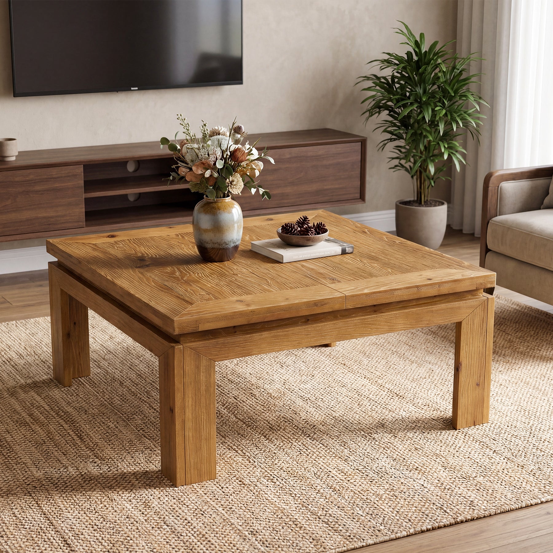 Tribesigns Tavolino da caffè quadrato da 100 cm in legno massello con bordo incassato, stile rustico, ideale per il soggiorno