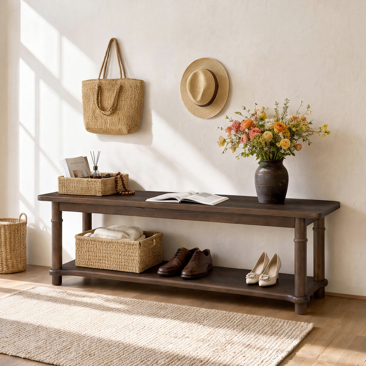 Panca Country in Legno Massello a 2 Ripiani Portascarpe, 140 cm, per Ingresso