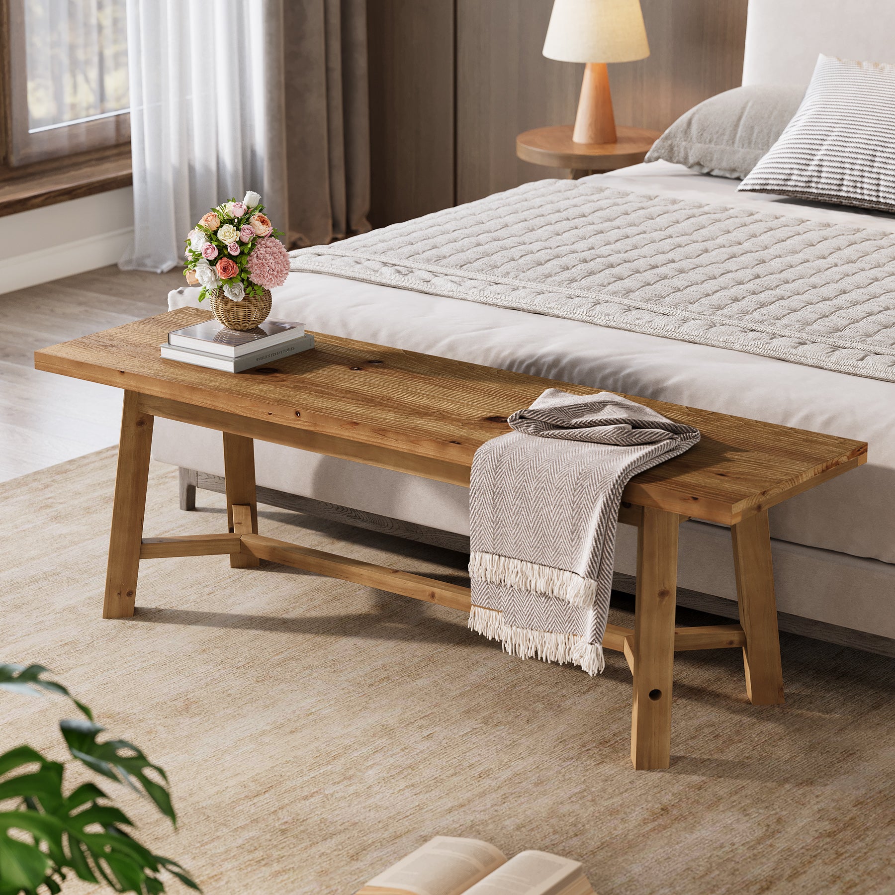 Tribesigns Panca in legno massello, 140 cm, stile rustico, ideale per l'ingresso