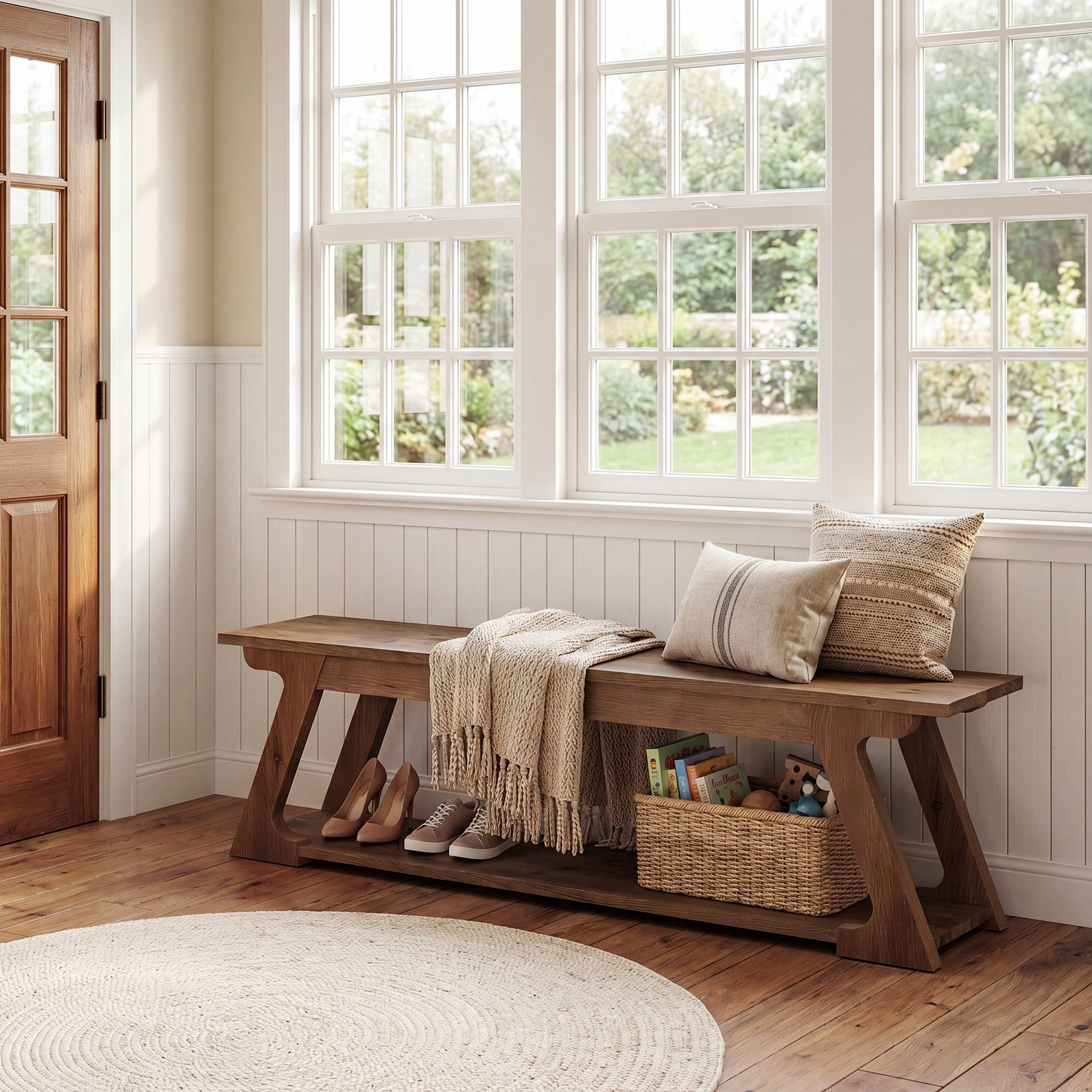 Panca da Ingresso Country in Legno Massello con Vano Contenitore, 150 cm, per Ingresso