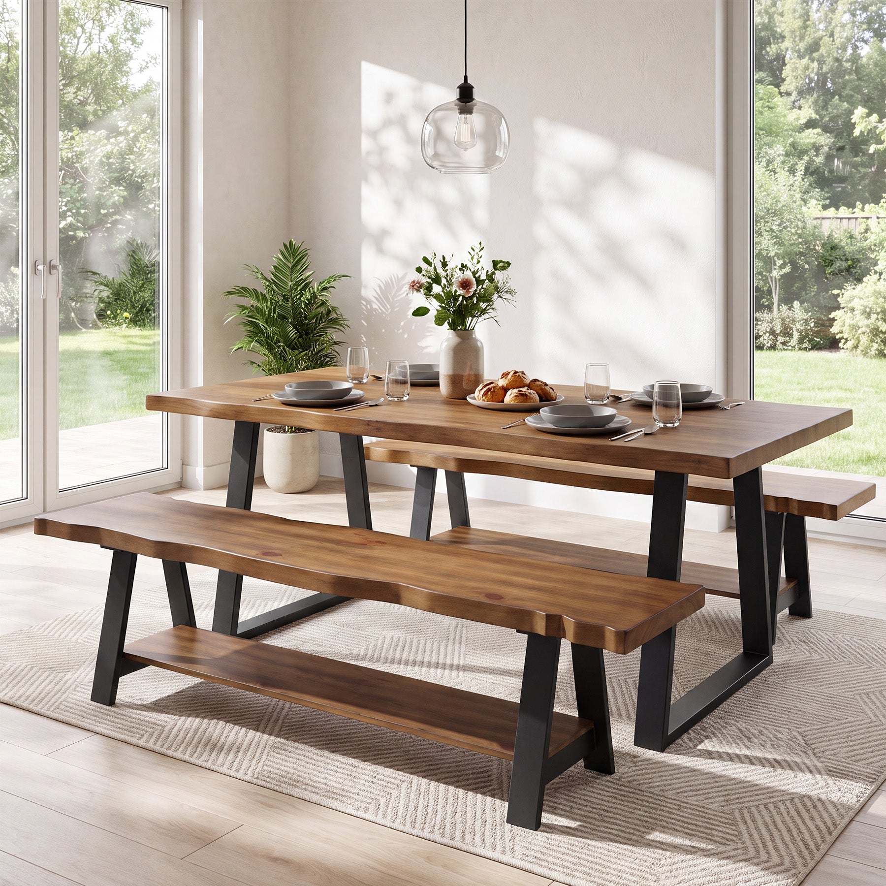 Panca da Pranzo in Legno Massello con Bordo Vivo e Struttura in Metallo, 140 cm