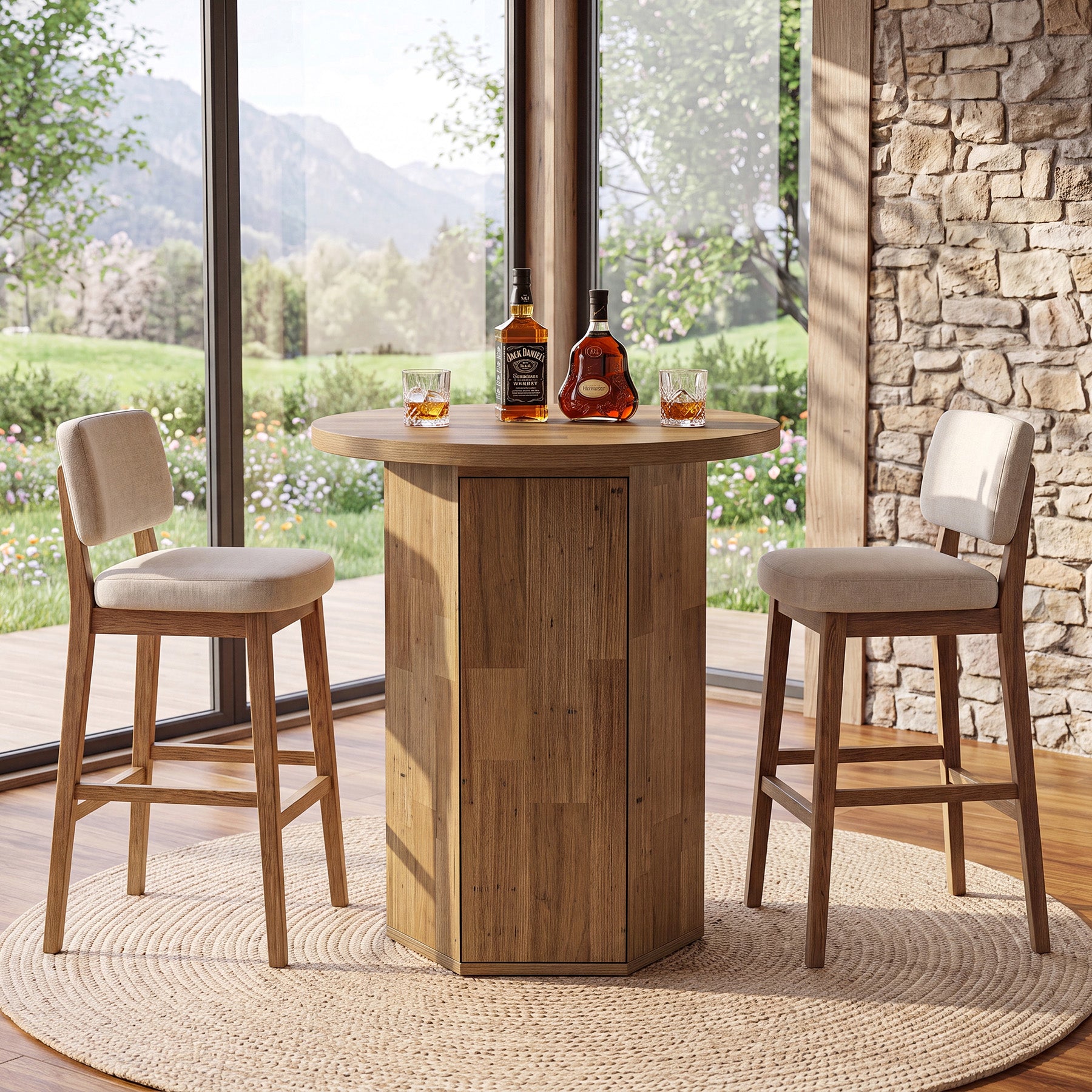 Tavolo da Bar Alto Rotondo Country con Vano Contenitore, Ø 80 cm, per Cucina e Soggiorno