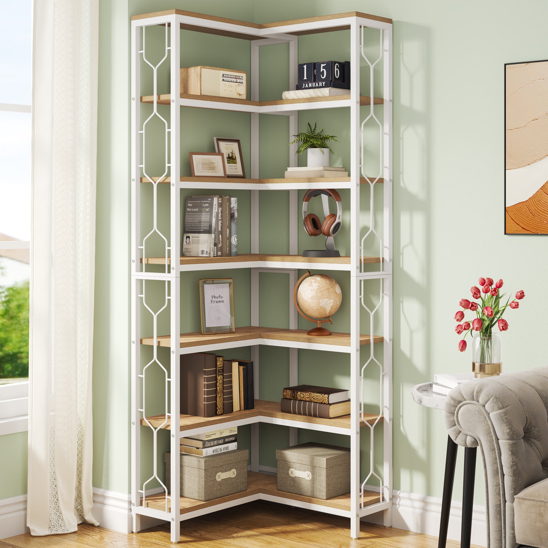 Tribesigns Scaffale Angolare, Libreria Angolare Industriale a 7 livelli Mobile Angolare in Legno e Metallo