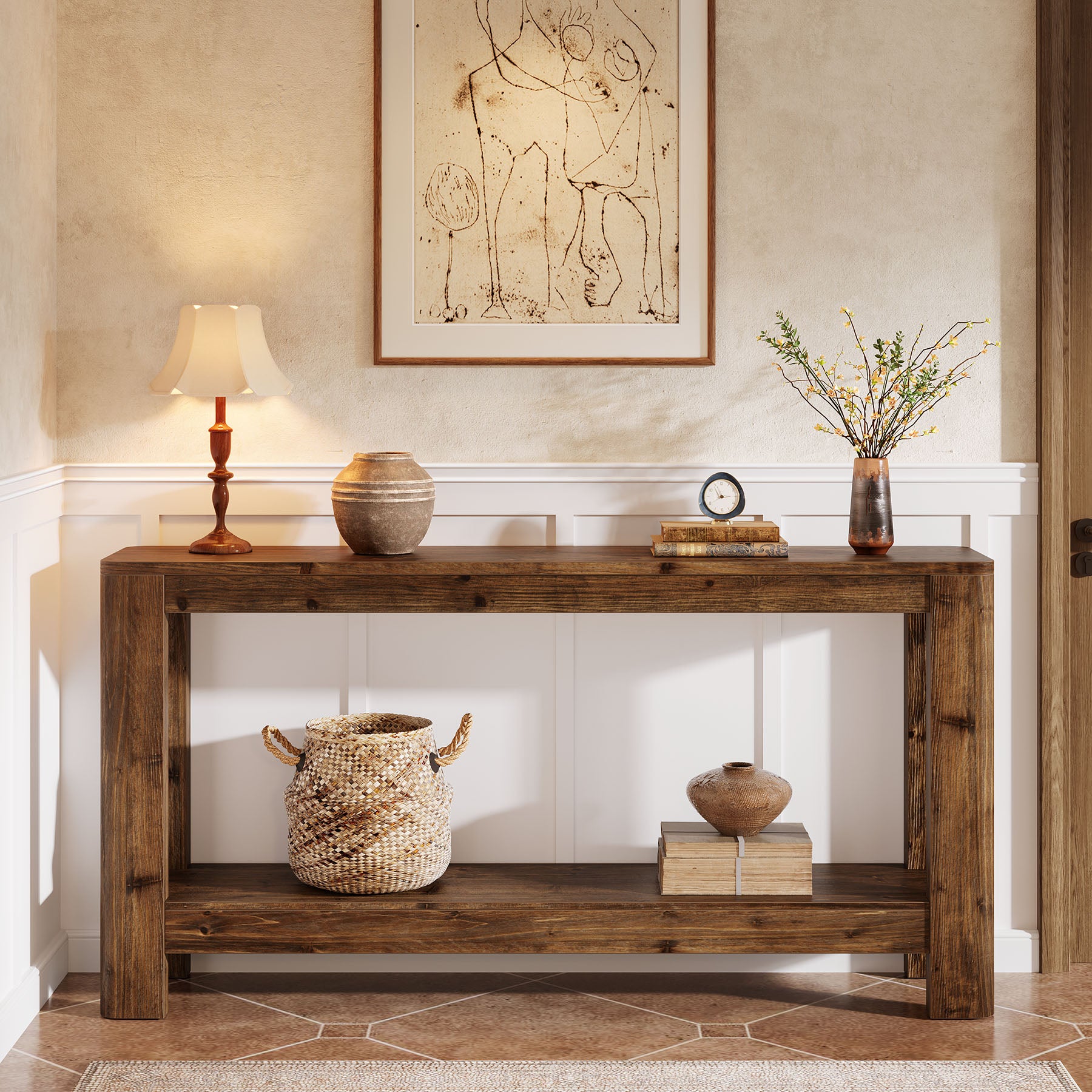 Tribesigns Consolle in legno massello da 160 cm, tavolo sottile in stile rustico per ingresso e corridoio con ripiano