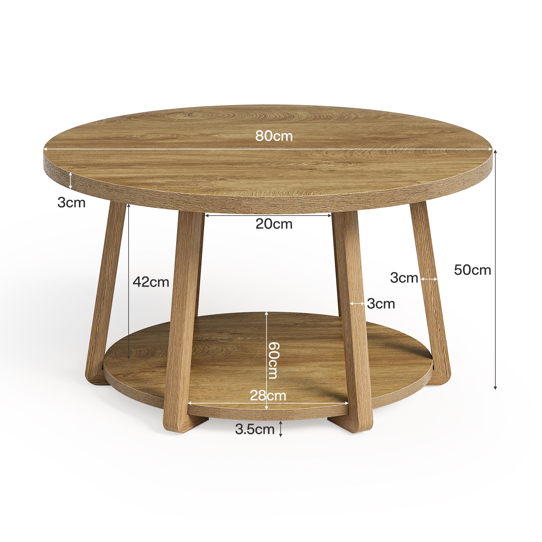 Tribesigns 80 cm Tavolino, Tavolino Rotondo da Salotto a 2 Ripiani
