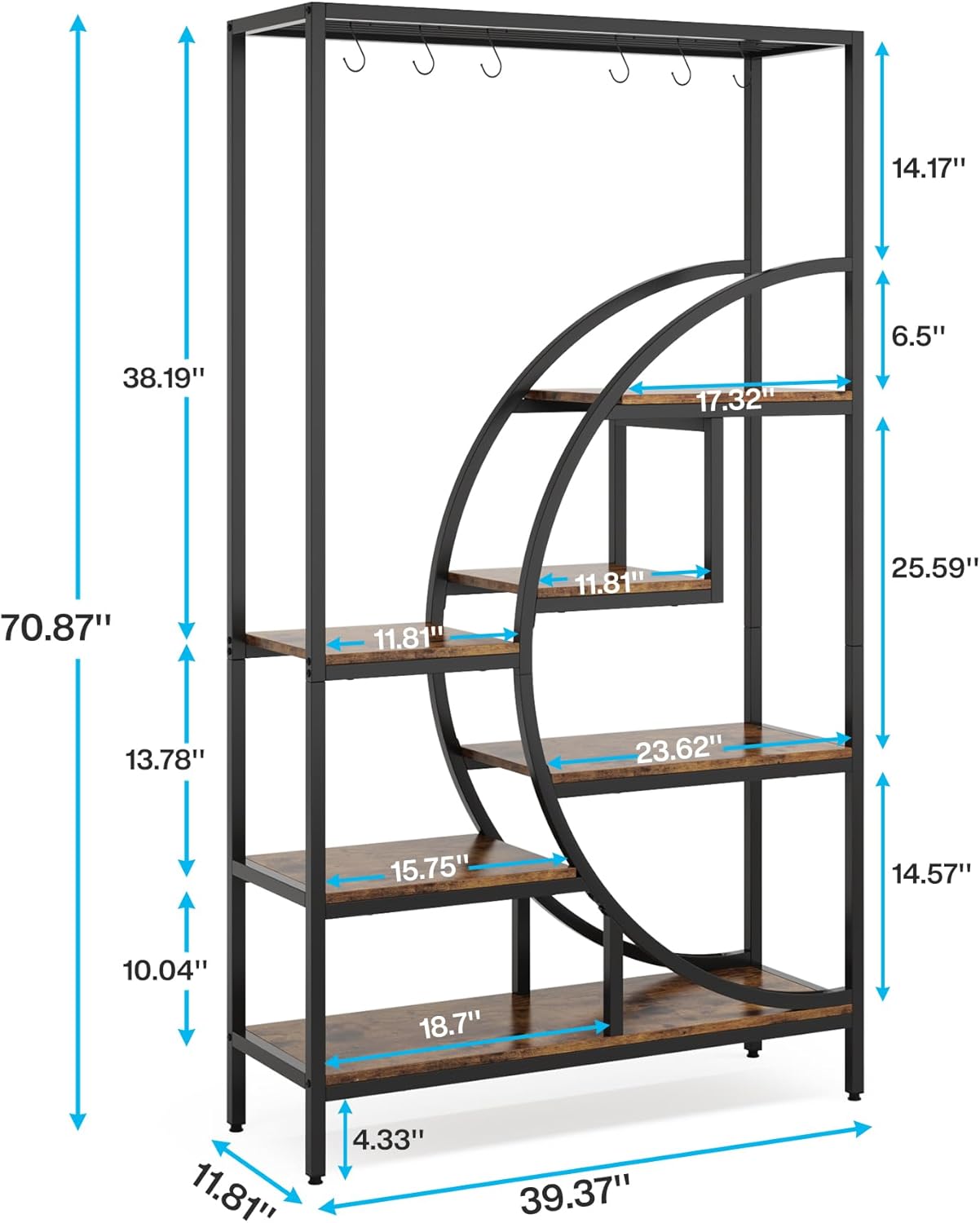 Tribesigns Supporto per piante da interno alto a 7 livelli, Scaffale per Piante a Forma di Mezzaluna Alto con 6 ganci a S