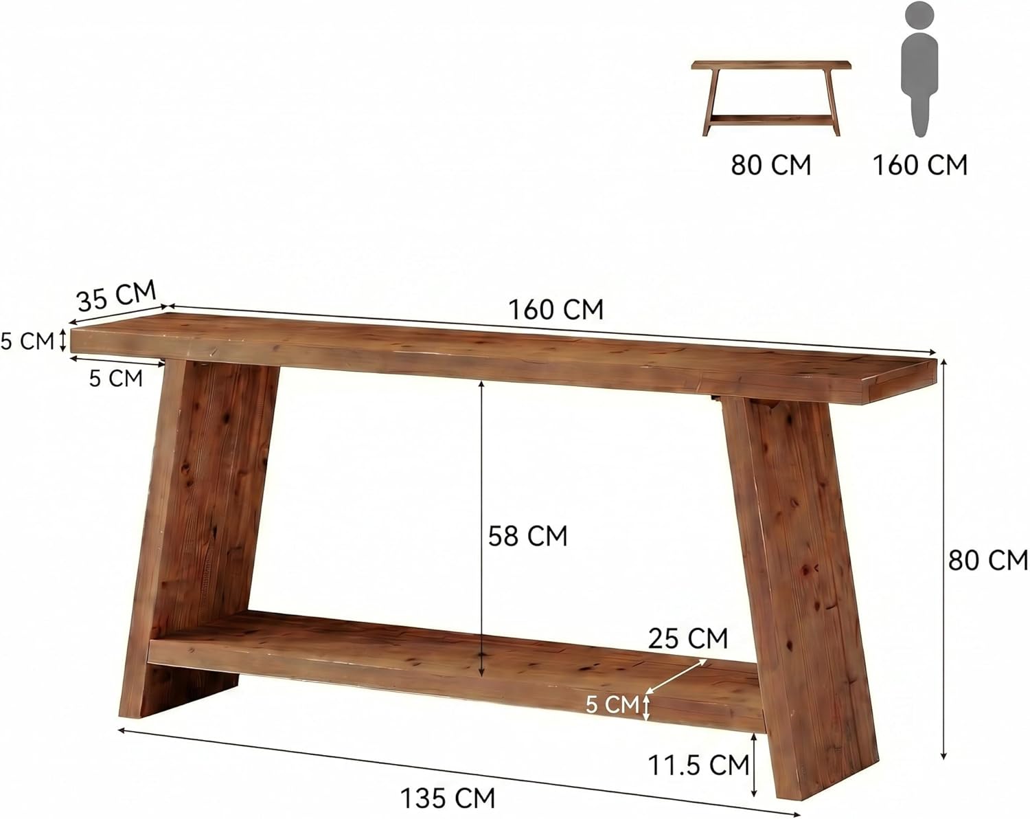 Tribesigns Tavolo consolle lungo 160 cm, tavolino da divano stretto in legno massiccio con 2 ripiani