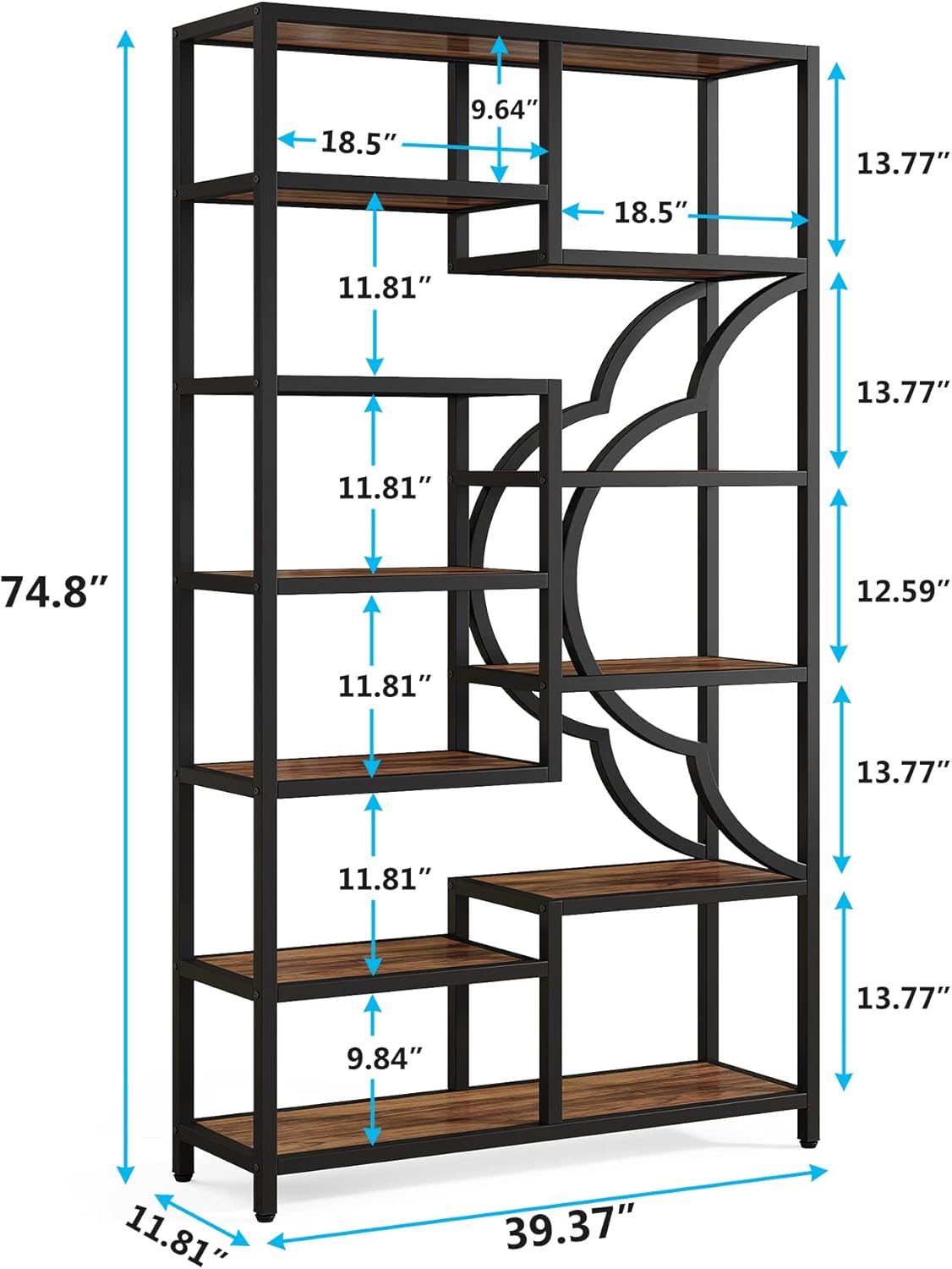 Tribesigns Libreria industriale a 6 ripiani, Altezza con 11 scaffali aperti Design unico a forma di arco